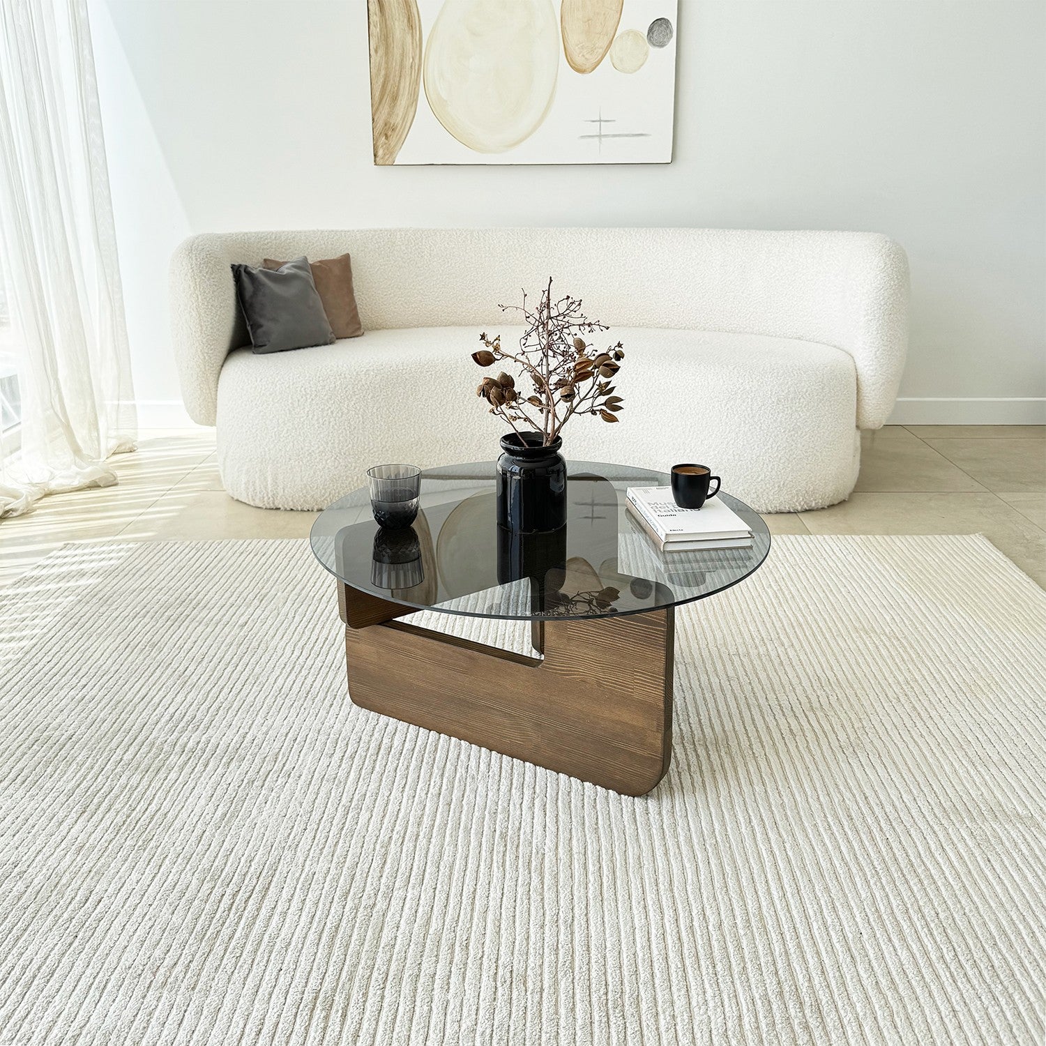Mesa de Centro Elegante, 75 cm x 35 cm x 75 cm | Estrutura 100% em Vidro Temperado e Madeira Maciça de Pinho | Acabamento Elegante em Nogueira e Fumê para Espaços Modernos