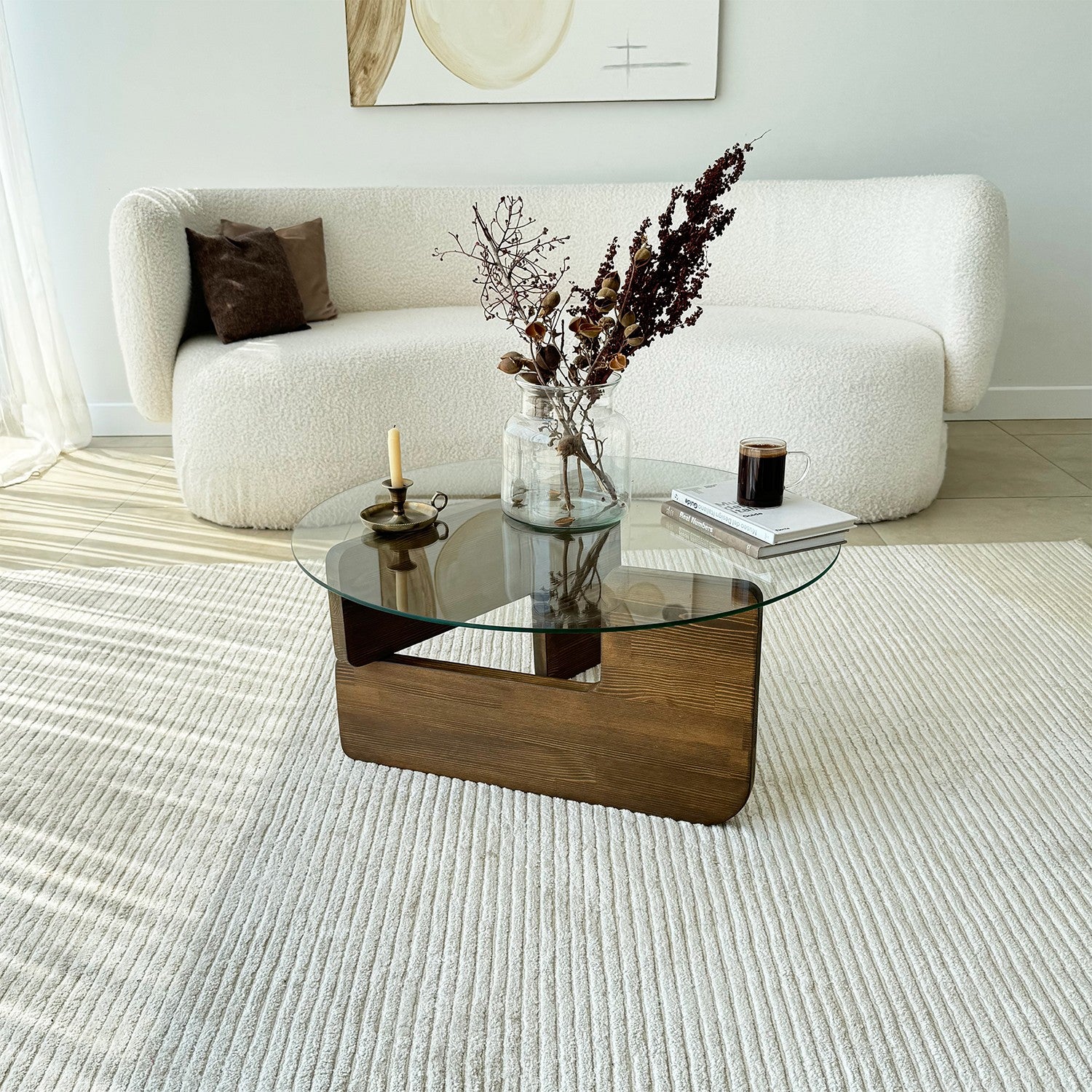 Mesa de Centro Elegante, 75 cm x 75 cm x 35 cm | Estrutura 100% em Vidro Temperado e Madeira Maciça de Pinho | Design Elegante em Nogueira e Transparente para Espaços Modernos