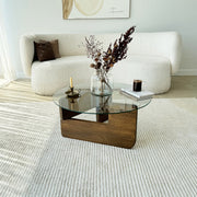 Mesa de Centro Elegante, 75 cm x 75 cm x 35 cm | Estrutura 100% em Vidro Temperado e Madeira Maciça de Pinho | Design Elegante em Nogueira e Transparente para Espaços Modernos