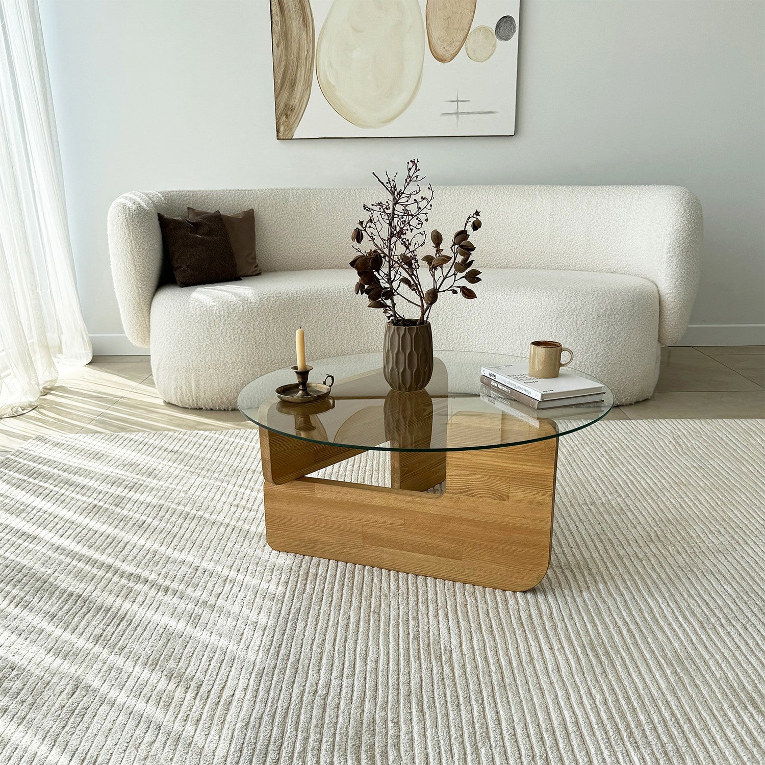 Mesa de Centro Elegante, 75 cm x 35 cm x 75 cm | Tampo 100% em Vidro Temperado e Estrutura em Madeira de Pinho Maciça | Design Elegante em Carvalho e Transparente para Espaços Modernos