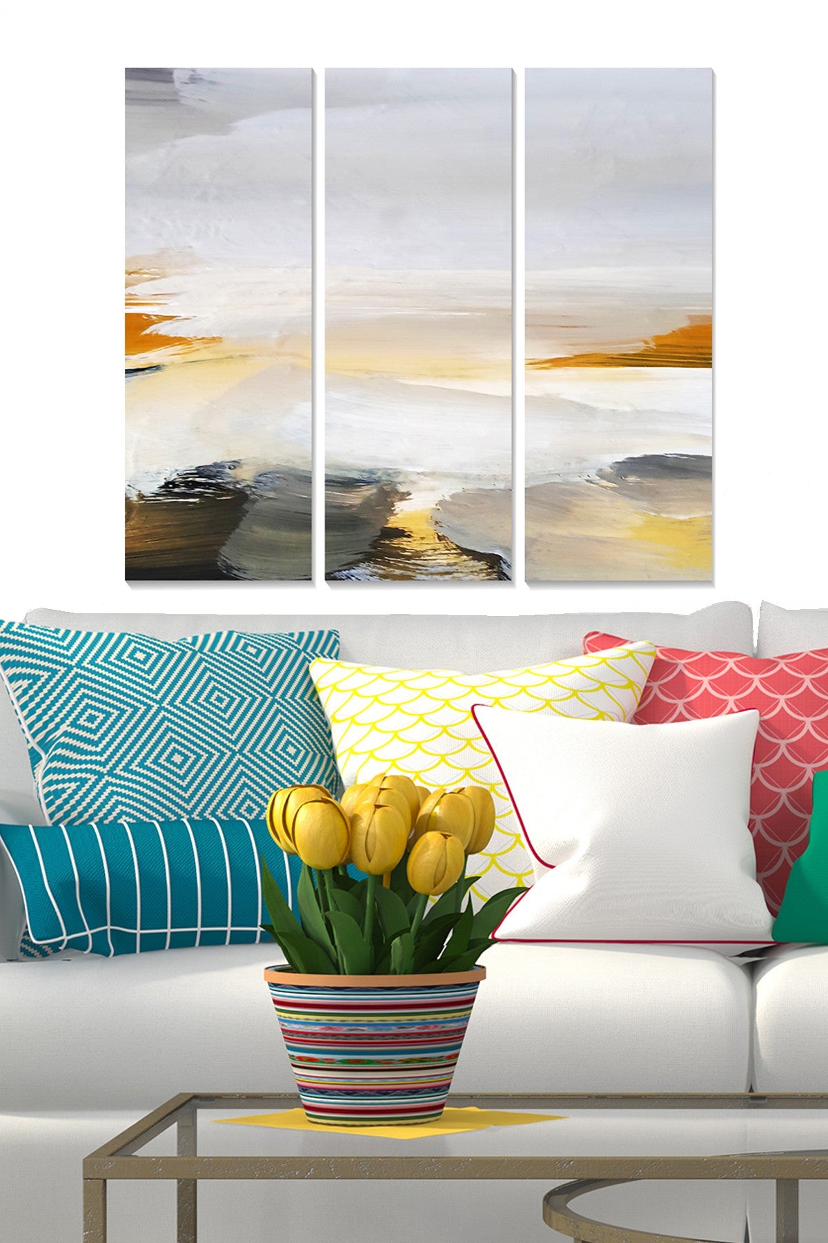 Quadro Decorativo em MDF Multicolor – Conjunto de 3 Peças (20x50 cm cada, total 70x50 cm, espessura 3 mm)