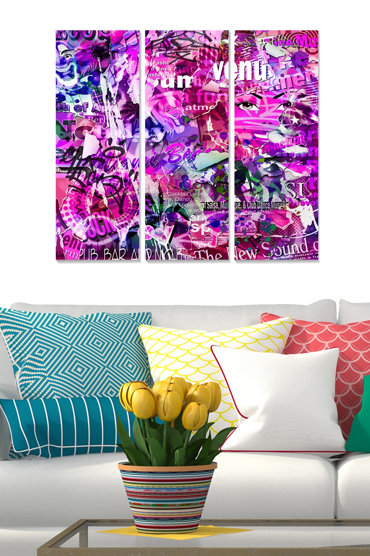 Conjunto de Quadros Decorativos em MDF Multicolor (3 Peças) – 70x50 cm total, 20x50 cm cada, 3 mm de espessura