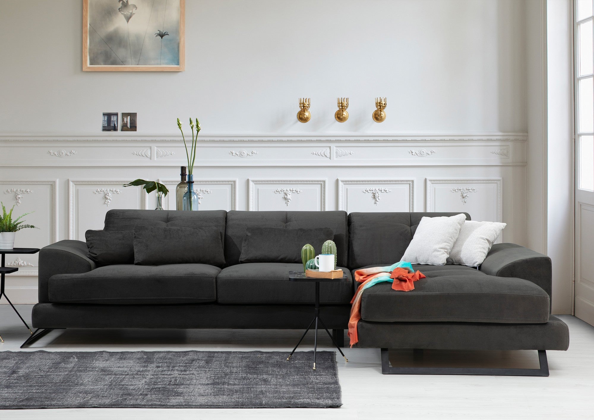 Sofá de canto elegante, antracite, 308 x 190 x 92 cm | Estrutura em madeira de faia e aglomerado, encosto ajustável, almofadas de espuma macia | Design industrial moderno