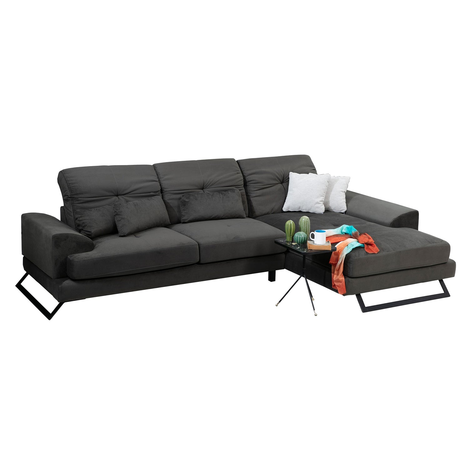 Sofá de canto elegante, antracite, 308 x 190 x 92 cm | Estrutura em madeira de faia e aglomerado, encosto ajustável, almofadas de espuma macia | Design industrial moderno