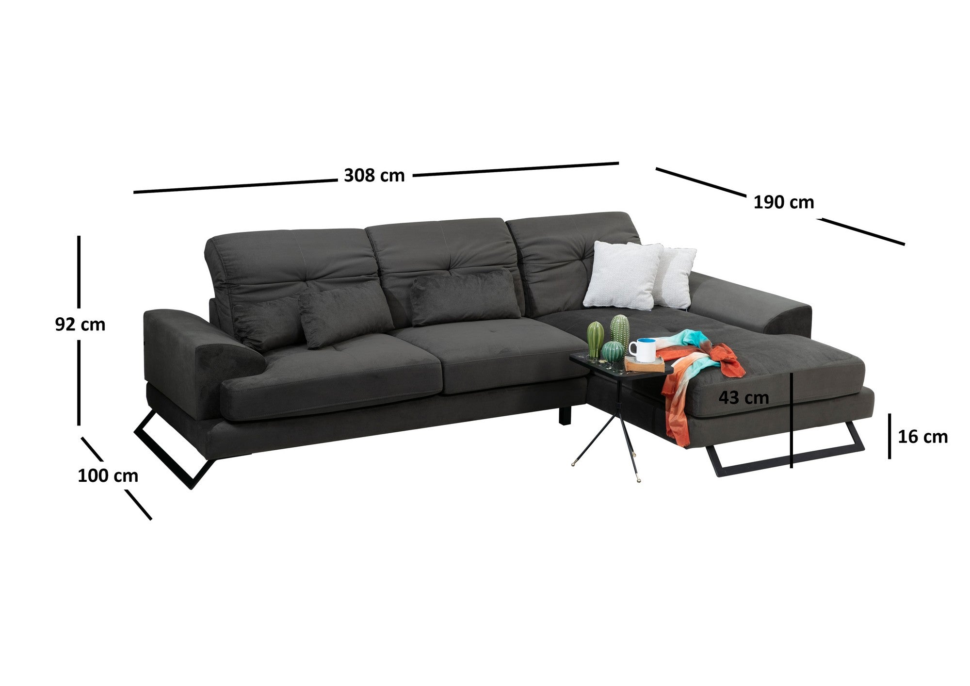 Sofá de canto elegante, antracite, 308 x 190 x 92 cm | Estrutura em madeira de faia e aglomerado, encosto ajustável, almofadas de espuma macia | Design industrial moderno