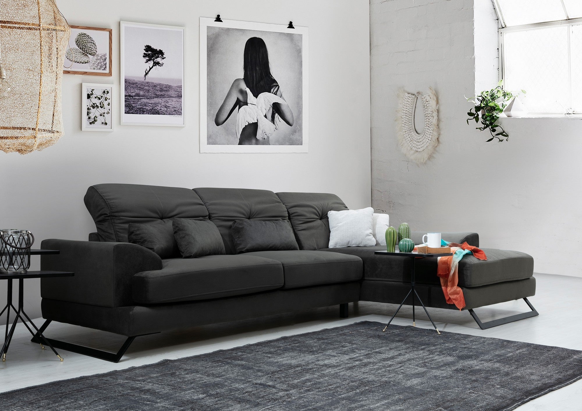 Sofá de canto elegante, antracite, 308 x 190 x 92 cm | Estrutura em madeira de faia e aglomerado, encosto ajustável, almofadas de espuma macia | Design industrial moderno
