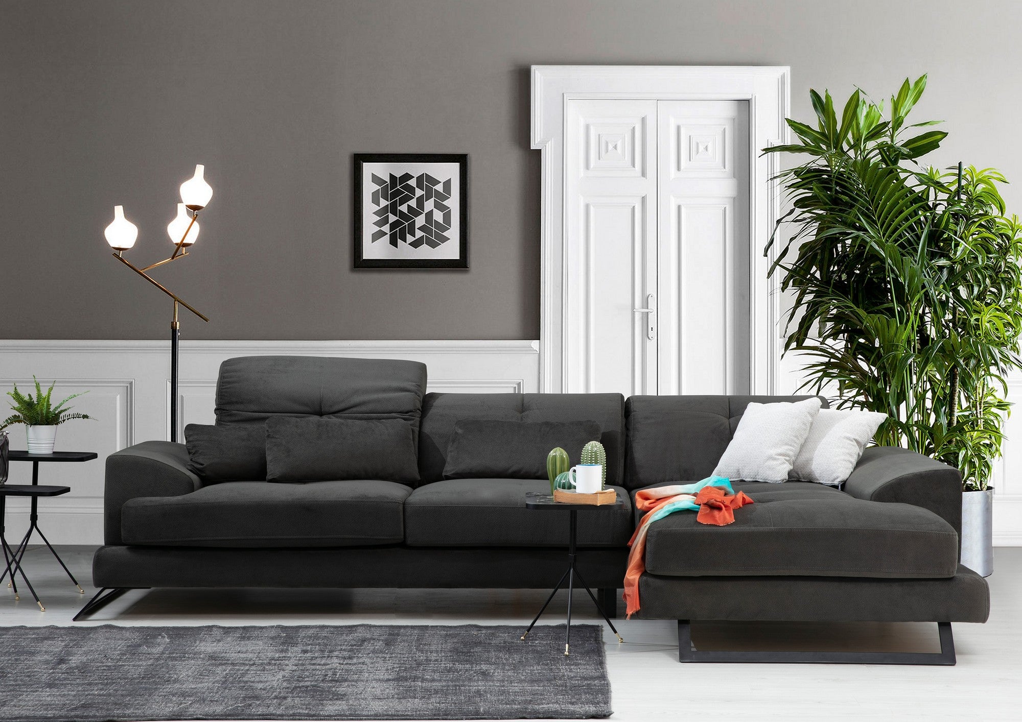 Sofá de canto elegante, antracite, 308 x 190 x 92 cm | Estrutura em madeira de faia e aglomerado, encosto ajustável, almofadas de espuma macia | Design industrial moderno