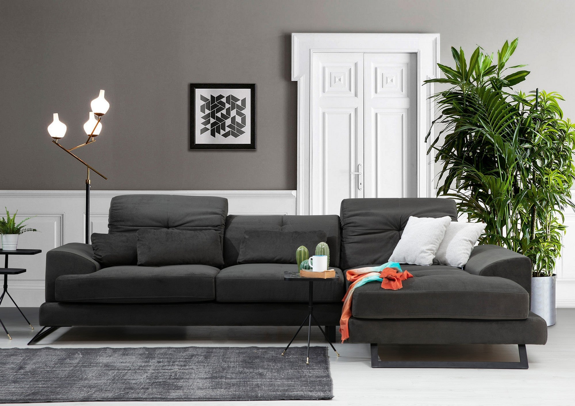 Sofá de canto elegante, antracite, 308 x 190 x 92 cm | Estrutura em madeira de faia e aglomerado, encosto ajustável, almofadas de espuma macia | Design industrial moderno