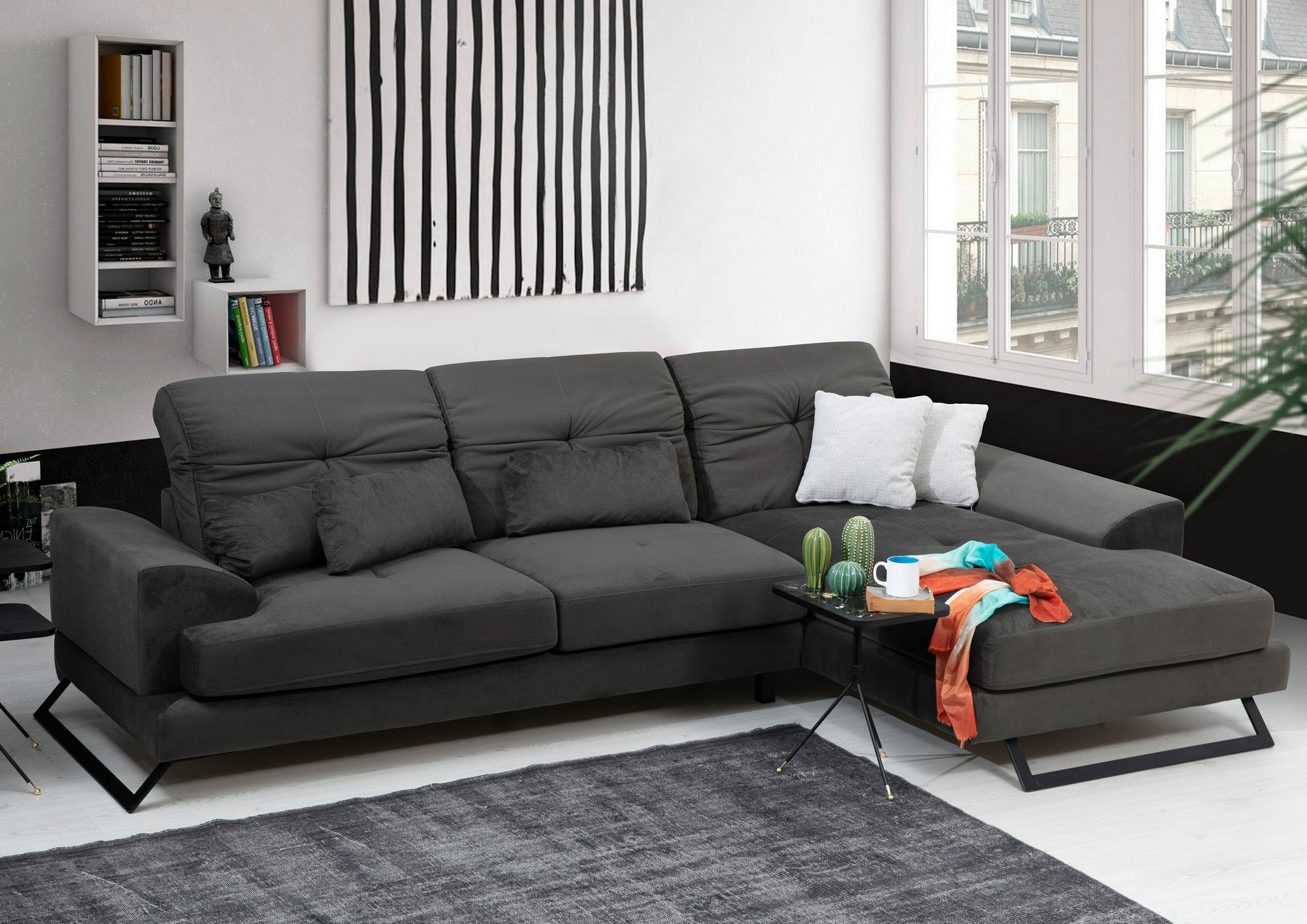 Sofá de canto elegante, antracite, 308 x 190 x 92 cm | Estrutura em madeira de faia e aglomerado, encosto ajustável, almofadas de espuma macia | Design industrial moderno