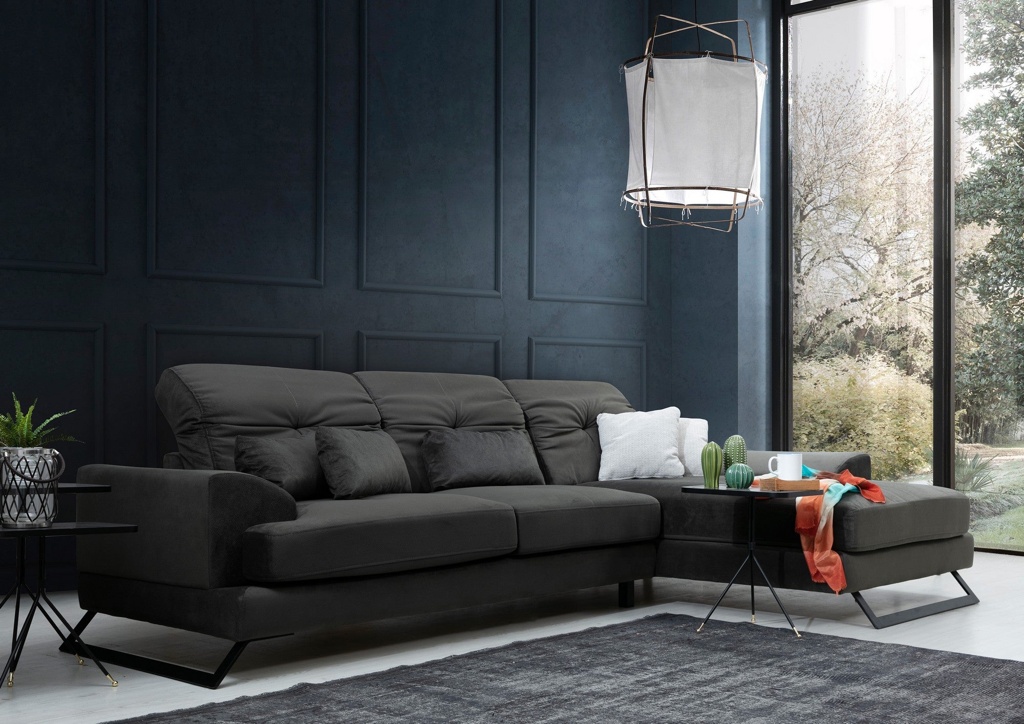 Sofá de canto elegante, antracite, 308 x 190 x 92 cm | Estrutura em madeira de faia e aglomerado, encosto ajustável, almofadas de espuma macia | Design industrial moderno