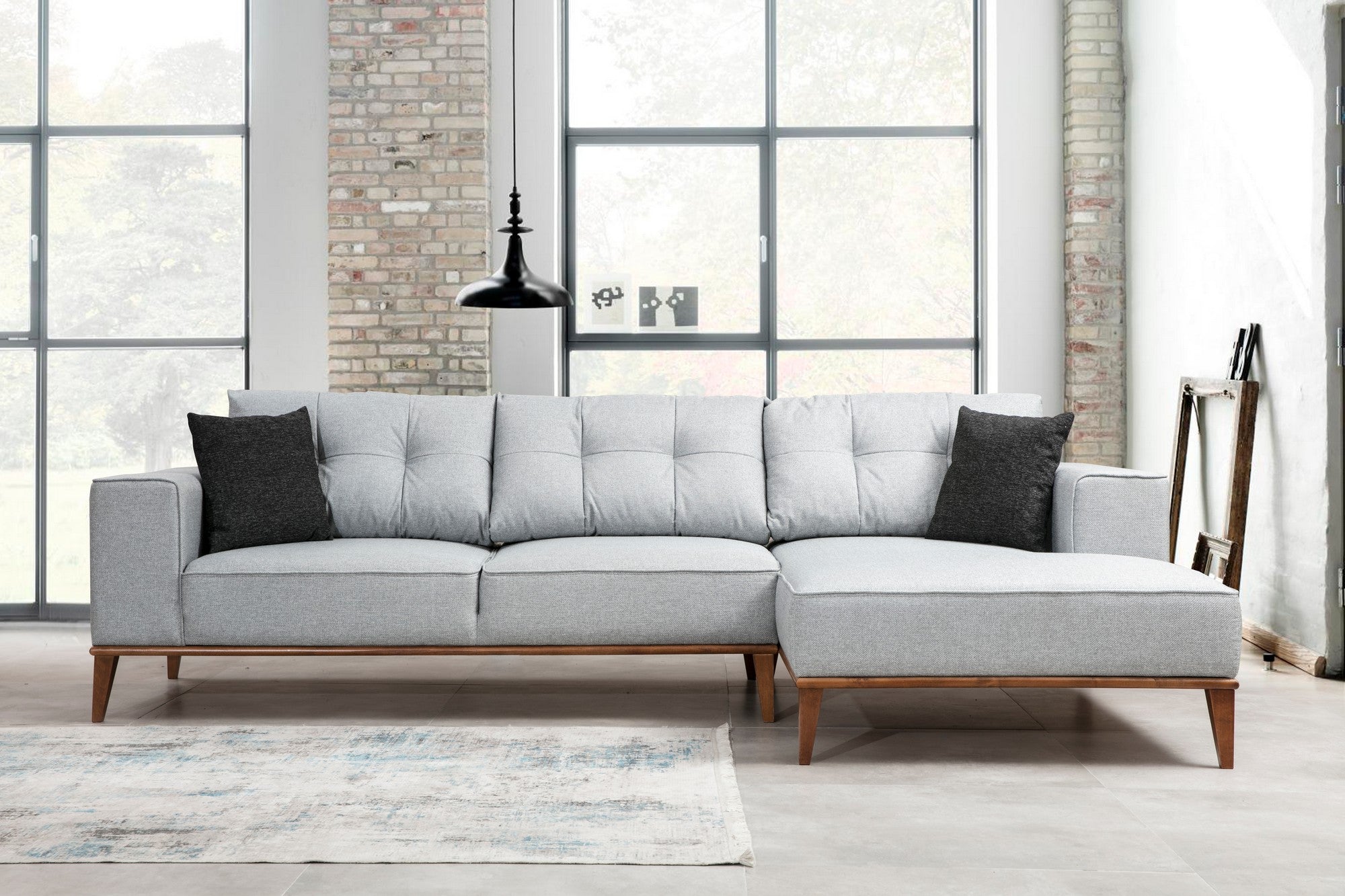 Sofá-cama de canto elegante, cinza claro, 288 x 160 cm | Estrutura em madeira de faia e aglomerado, 100% poliéster, pernas em nogueira | Confortável e versátil para espaços modernos
