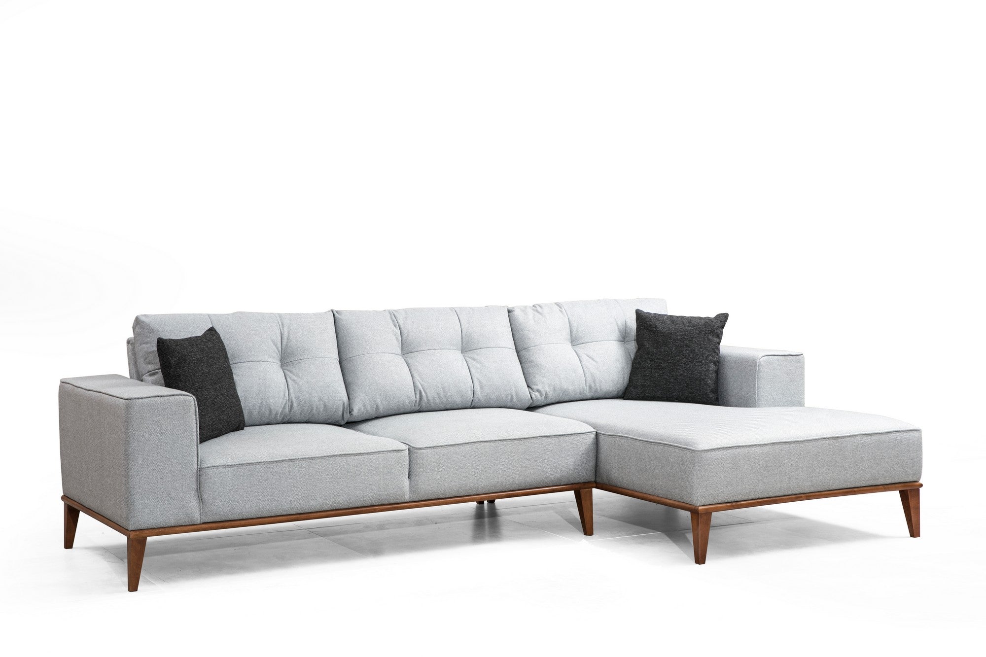 Sofá-cama de canto elegante, cinza claro, 288 x 160 cm | Estrutura em madeira de faia e aglomerado, 100% poliéster, pernas em nogueira | Confortável e versátil para espaços modernos