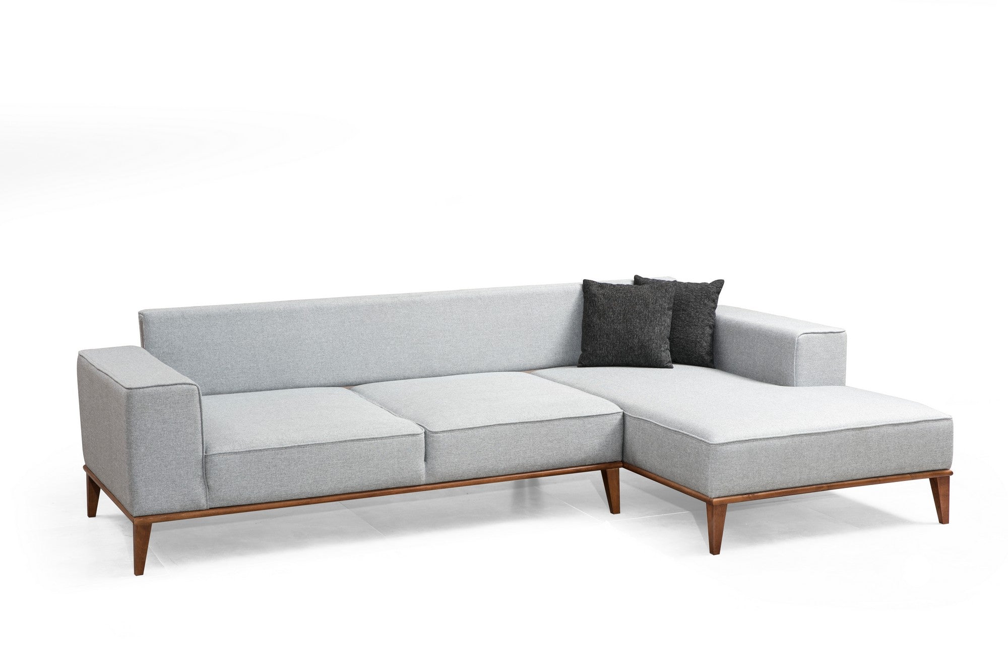 Sofá-cama de canto elegante, cinza claro, 288 x 160 cm | Estrutura em madeira de faia e aglomerado, 100% poliéster, pernas em nogueira | Confortável e versátil para espaços modernos