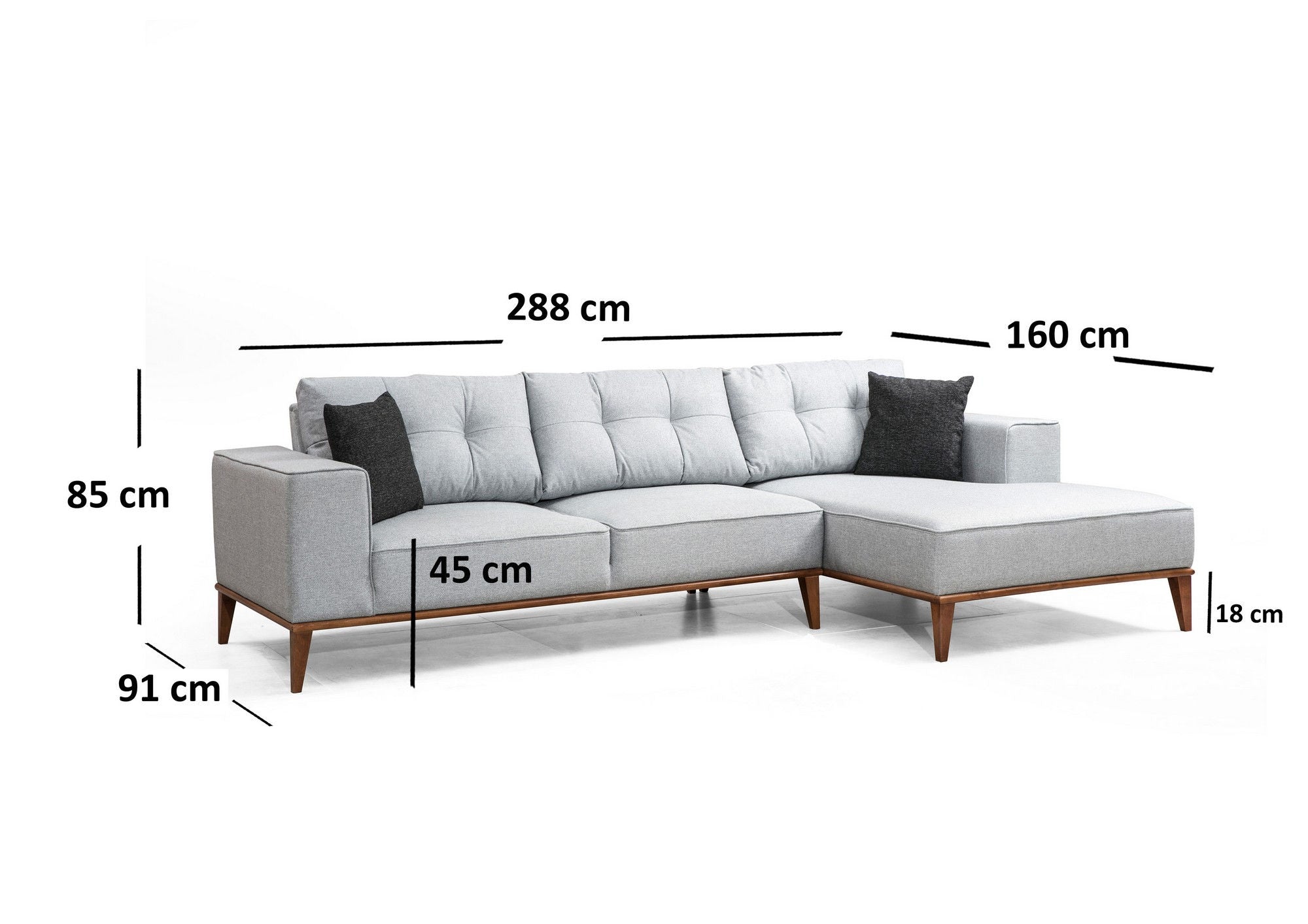Sofá-cama de canto elegante, cinza claro, 288 x 160 cm | Estrutura em madeira de faia e aglomerado, 100% poliéster, pernas em nogueira | Confortável e versátil para espaços modernos