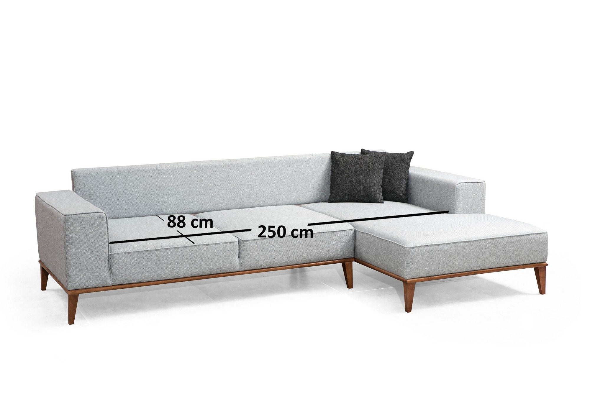 Sofá-cama de canto elegante, cinza claro, 288 x 160 cm | Estrutura em madeira de faia e aglomerado, 100% poliéster, pernas em nogueira | Confortável e versátil para espaços modernos