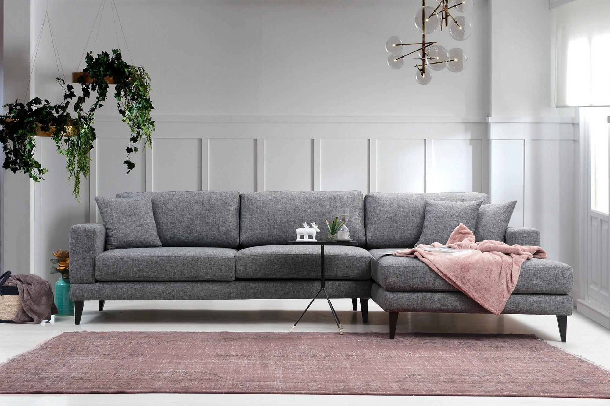 Sofá-cama de canto elegante, cinza escuro, 303 x 160 x 90 cm | Estrutura em madeira de faia e aglomerado, 100% poliéster, almofadas portáteis | Perfeito para espaços modernos