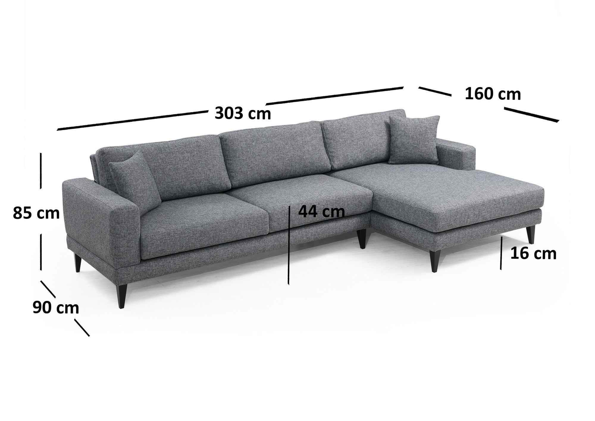 Sofá-cama de canto elegante, cinza escuro, 303 x 160 x 90 cm | Estrutura em madeira de faia e aglomerado, 100% poliéster, almofadas portáteis | Perfeito para espaços modernos