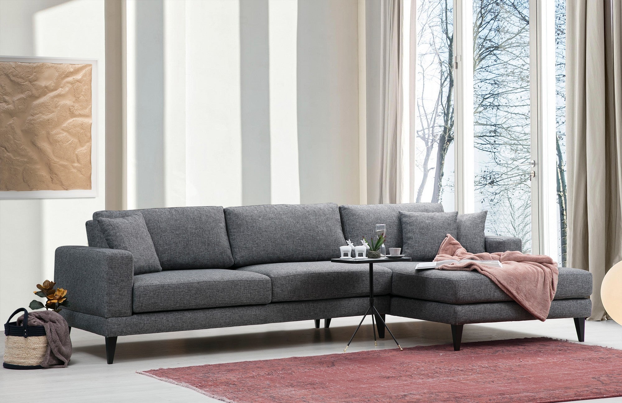 Sofá-cama de canto elegante, cinza escuro, 303 x 160 x 90 cm | Estrutura em madeira de faia e aglomerado, 100% poliéster, almofadas portáteis | Perfeito para espaços modernos