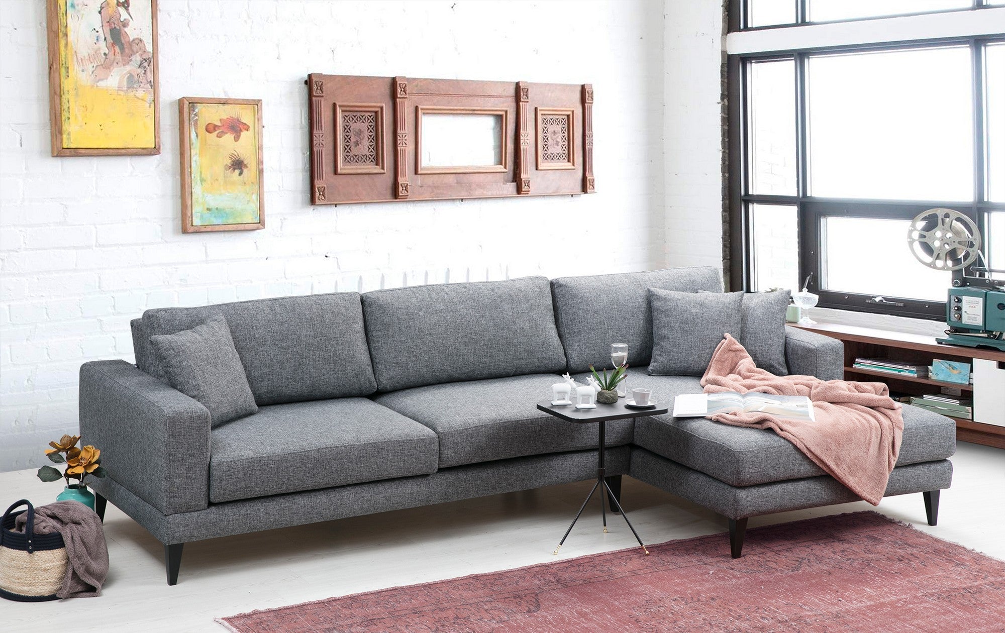 Sofá-cama de canto elegante, cinza escuro, 303 x 160 x 90 cm | Estrutura em madeira de faia e aglomerado, 100% poliéster, almofadas portáteis | Perfeito para espaços modernos