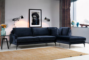 Sofá de canto elegante em azul-marinho, estrutura de madeira de faia e aglomerado, 283 x 180 cm | Almofadas de espuma cinza macia, portáteis e laváveis a seco | Design industrial moderno