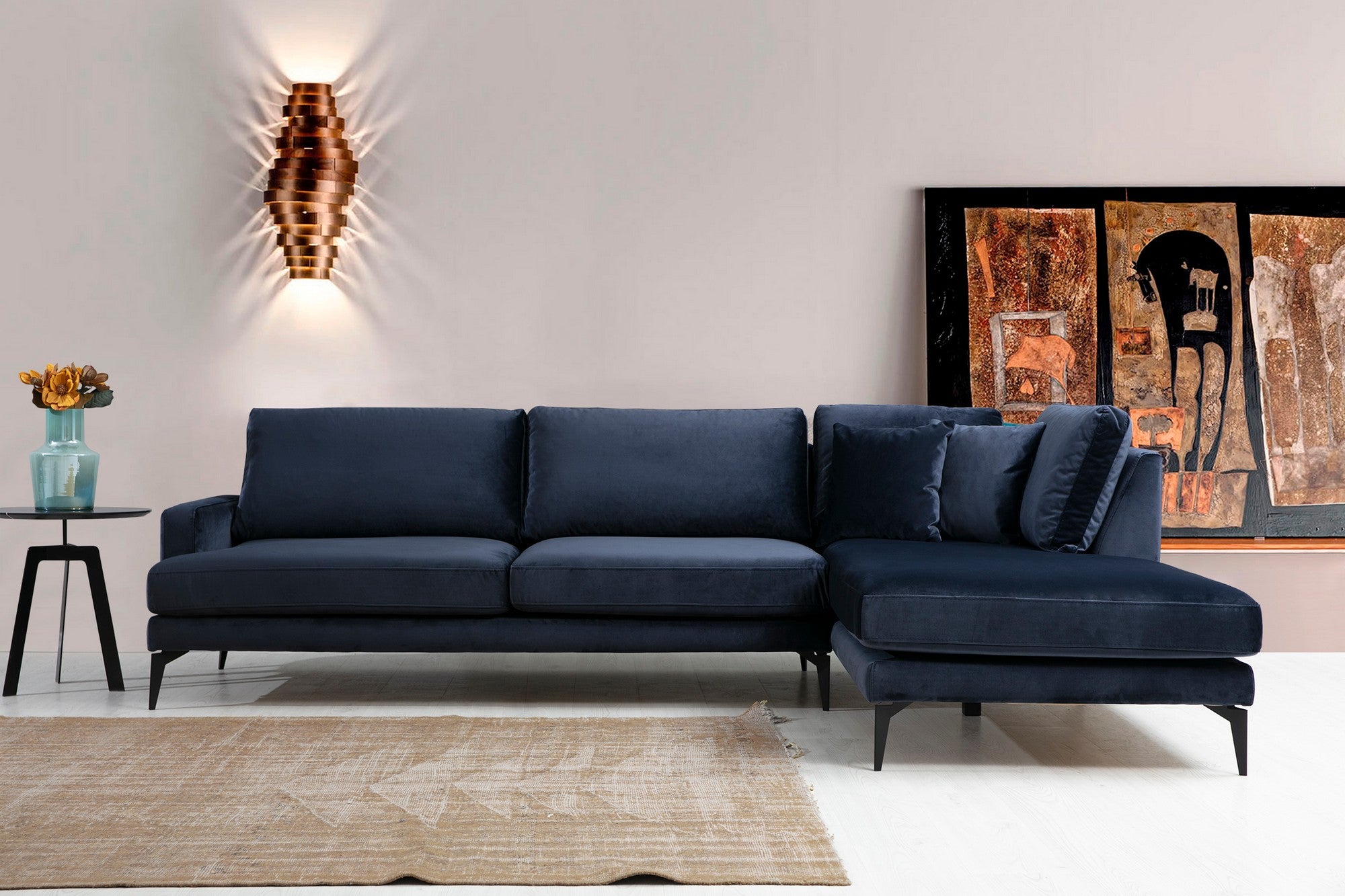 Sofá de canto elegante em azul-marinho, estrutura de madeira de faia e aglomerado, 283 x 180 cm | Almofadas de espuma cinza macia, portáteis e laváveis a seco | Design industrial moderno