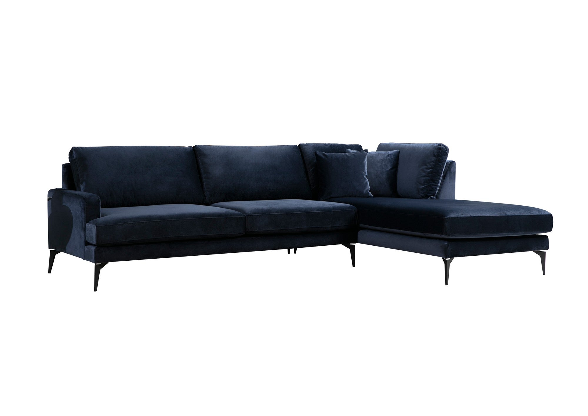 Sofá de canto elegante em azul-marinho, estrutura de madeira de faia e aglomerado, 283 x 180 cm | Almofadas de espuma cinza macia, portáteis e laváveis a seco | Design industrial moderno