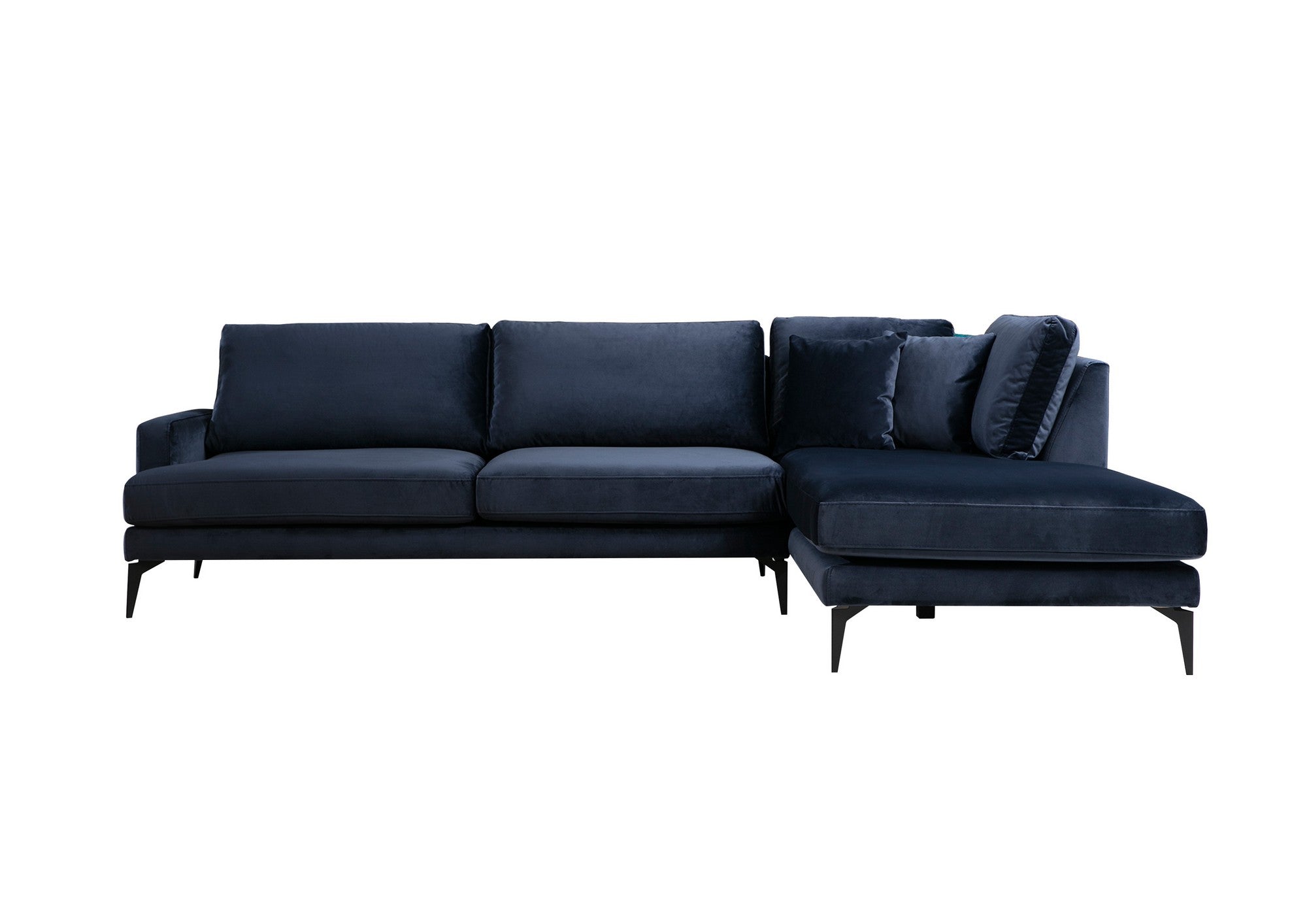 Sofá de canto elegante em azul-marinho, estrutura de madeira de faia e aglomerado, 283 x 180 cm | Almofadas de espuma cinza macia, portáteis e laváveis a seco | Design industrial moderno