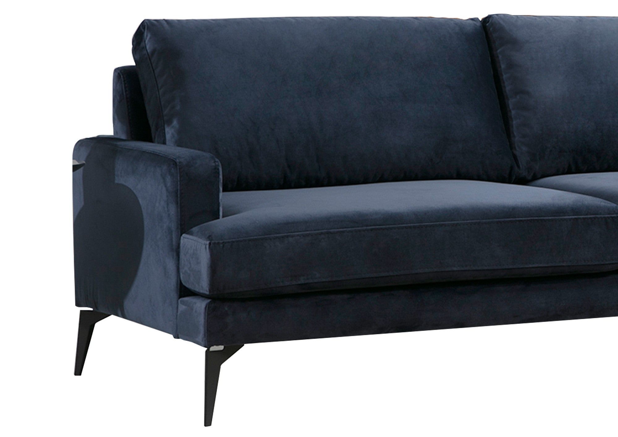 Sofá de canto elegante em azul-marinho, estrutura de madeira de faia e aglomerado, 283 x 180 cm | Almofadas de espuma cinza macia, portáteis e laváveis a seco | Design industrial moderno