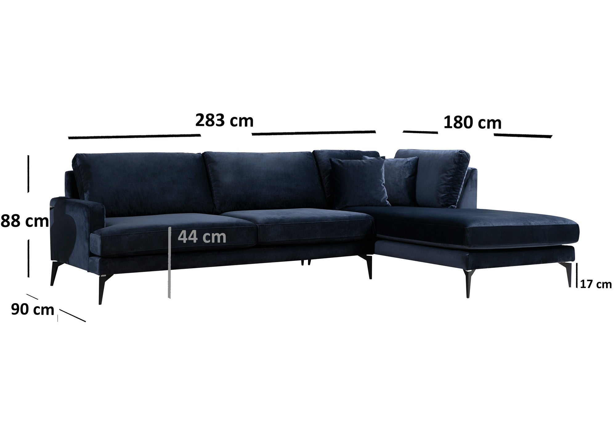 Sofá de canto elegante em azul-marinho, estrutura de madeira de faia e aglomerado, 283 x 180 cm | Almofadas de espuma cinza macia, portáteis e laváveis a seco | Design industrial moderno