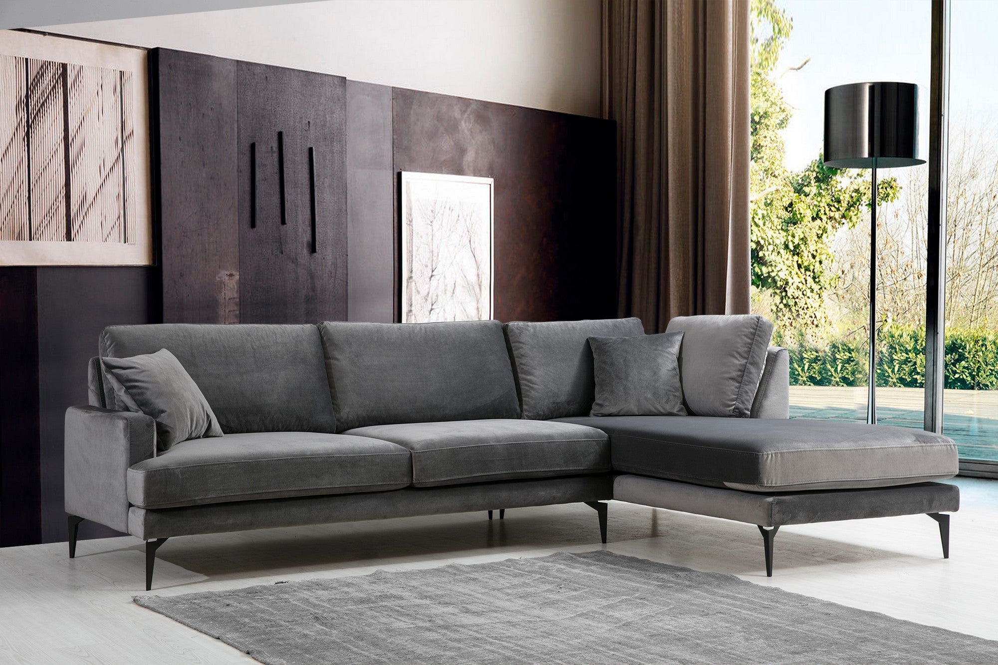 Sofá de canto elegante, cinza antracite, 283 x 180 cm | Estrutura em madeira de faia e aglomerado, 100% poliéster, almofadas de espuma macia | Design industrial moderno com pernas em preto fosco