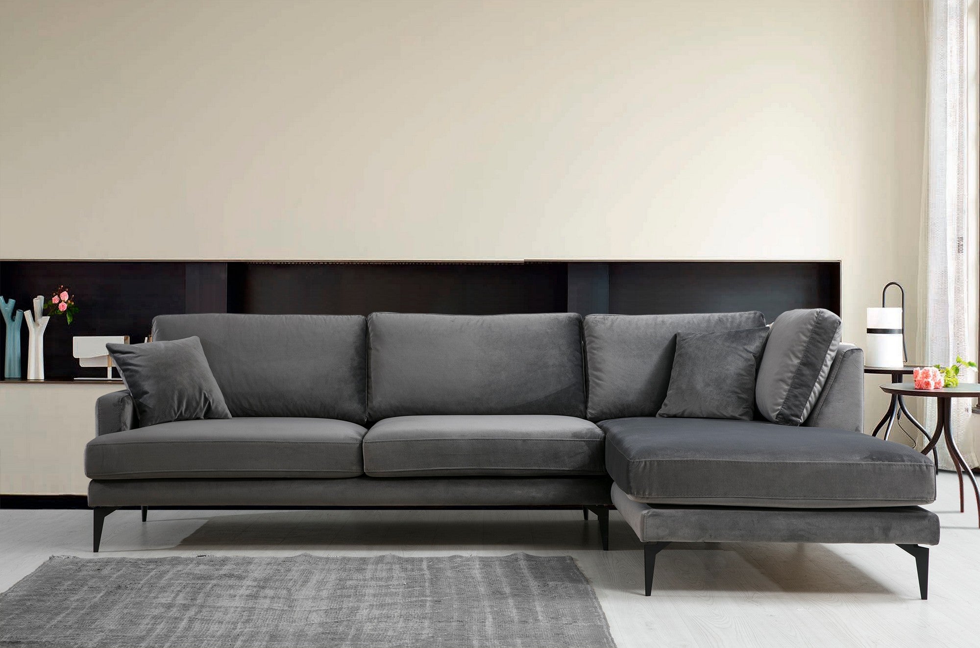 Sofá de canto elegante, cinza antracite, 283 x 180 cm | Estrutura em madeira de faia e aglomerado, 100% poliéster, almofadas de espuma macia | Design industrial moderno com pernas em preto fosco