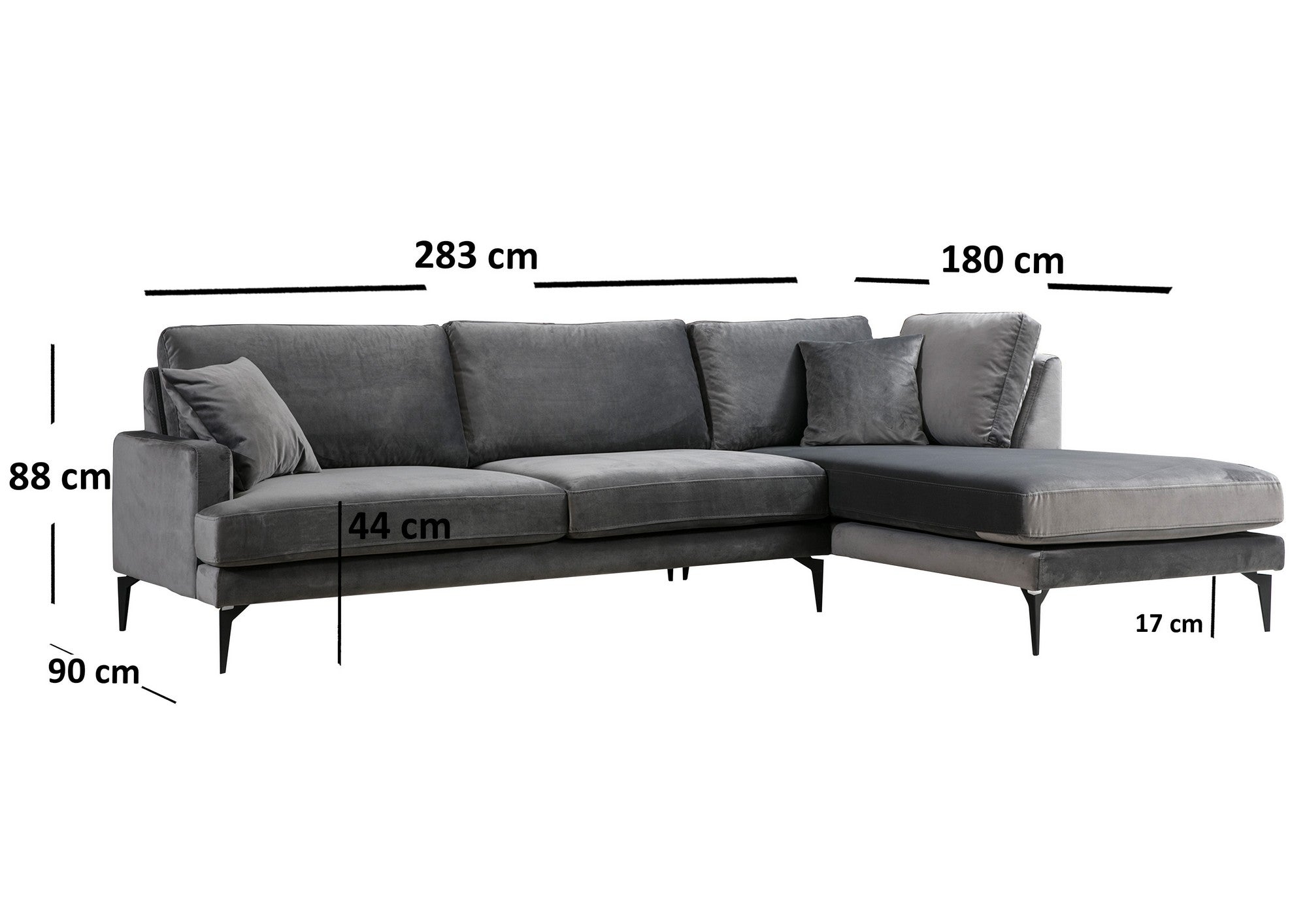 Sofá de canto elegante, cinza antracite, 283 x 180 cm | Estrutura em madeira de faia e aglomerado, 100% poliéster, almofadas de espuma macia | Design industrial moderno com pernas em preto fosco