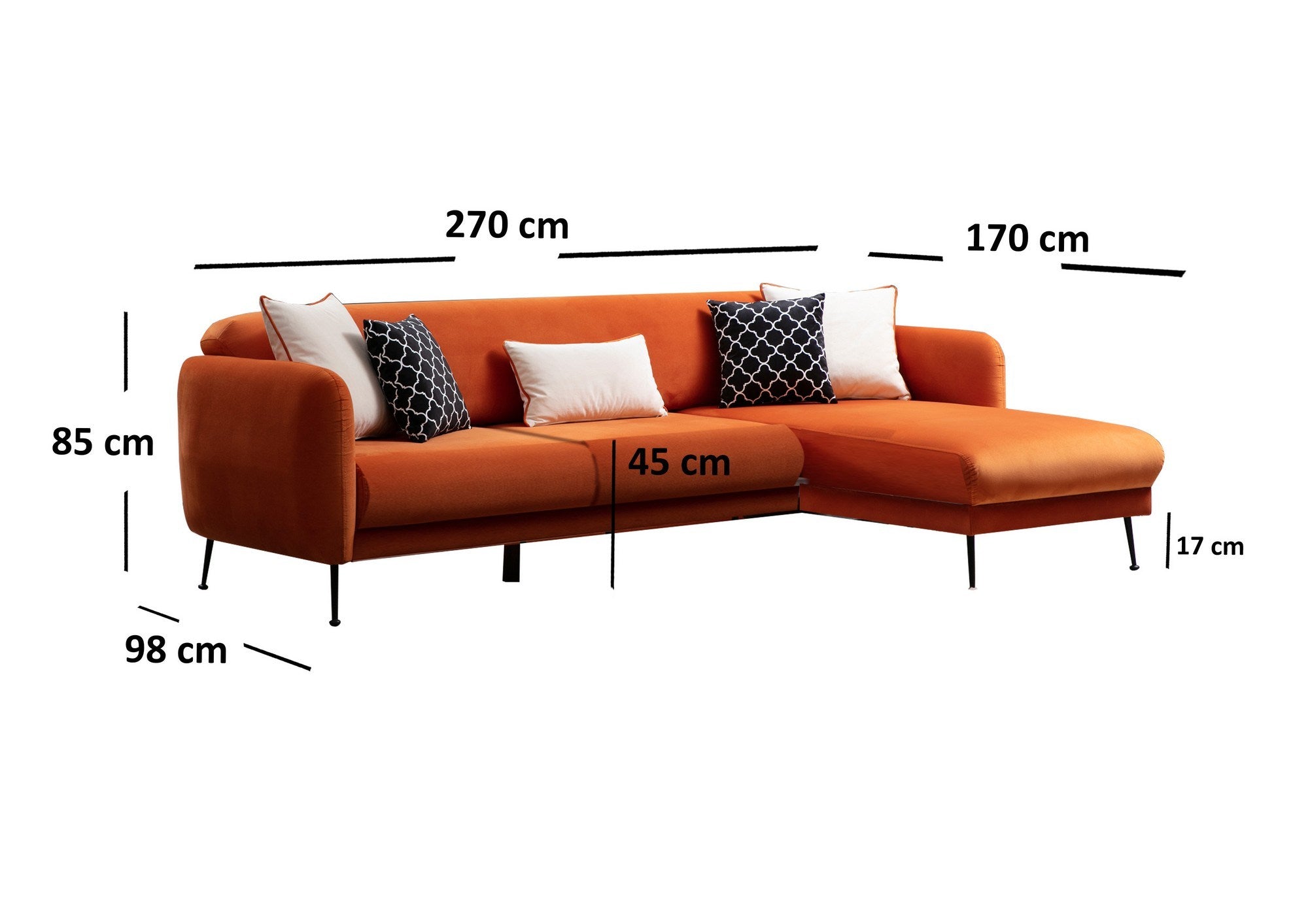 Sofá-cama de canto elegante, laranja, 270 x 170 cm | Estrutura em madeira de faia e aglomerado, 100% poliéster, sistema de sofá-cama, pernas de metal preto fosco | Perfeito para espaços modernos