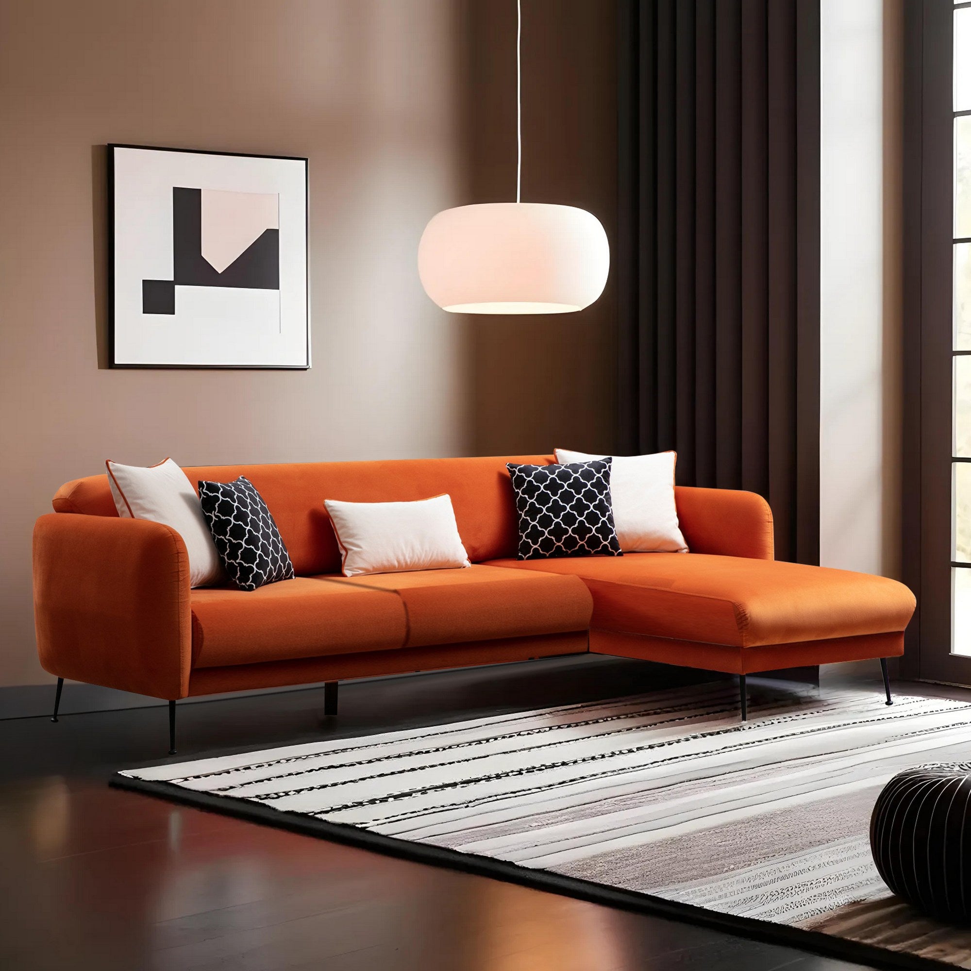 Sofá-cama de canto elegante, laranja, 270 x 170 cm | Estrutura em madeira de faia e aglomerado, 100% poliéster, sistema de sofá-cama, pernas de metal preto fosco | Perfeito para espaços modernos