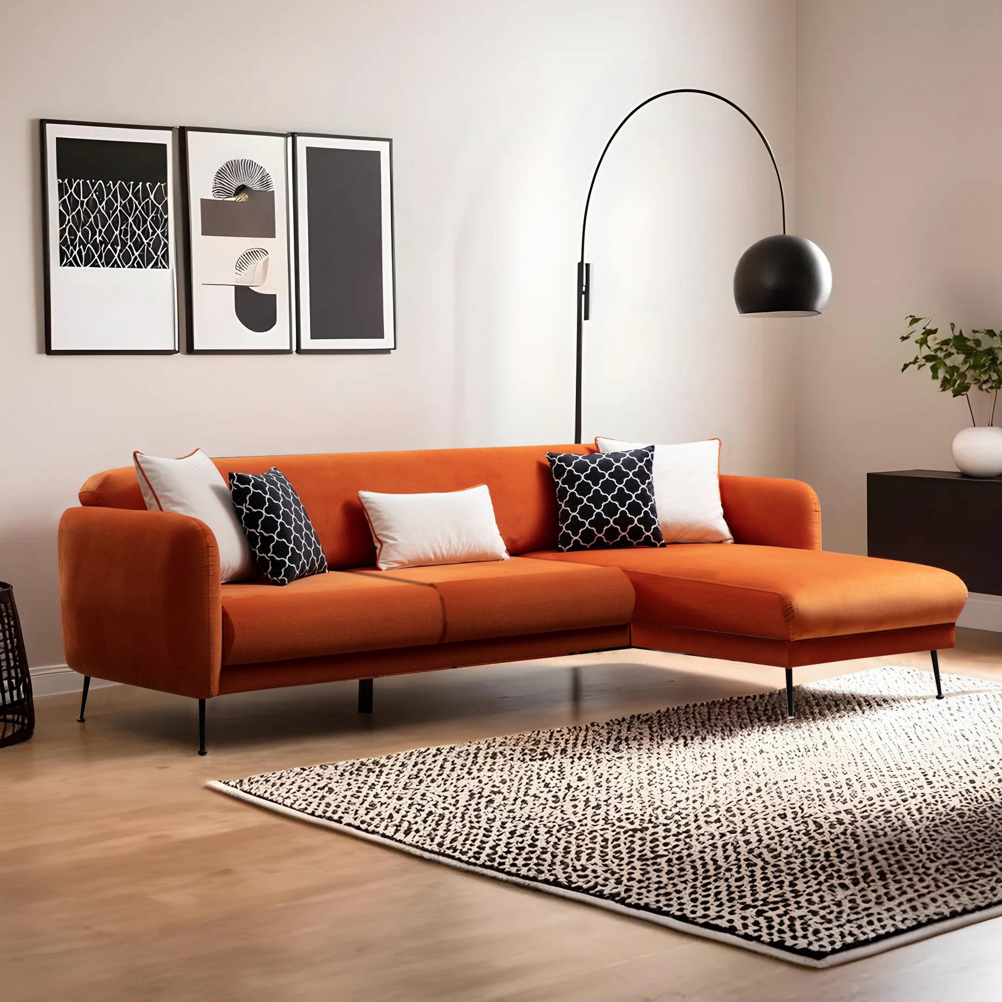 Sofá-cama de canto elegante, laranja, 270 x 170 cm | Estrutura em madeira de faia e aglomerado, 100% poliéster, sistema de sofá-cama, pernas de metal preto fosco | Perfeito para espaços modernos