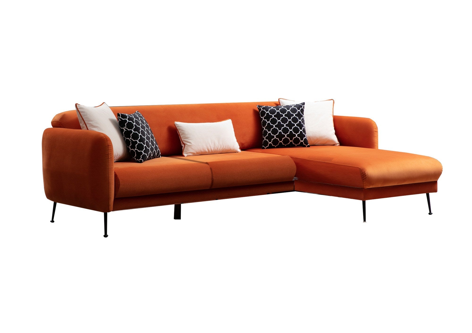 Sofá-cama de canto elegante, laranja, 270 x 170 cm | Estrutura em madeira de faia e aglomerado, 100% poliéster, sistema de sofá-cama, pernas de metal preto fosco | Perfeito para espaços modernos