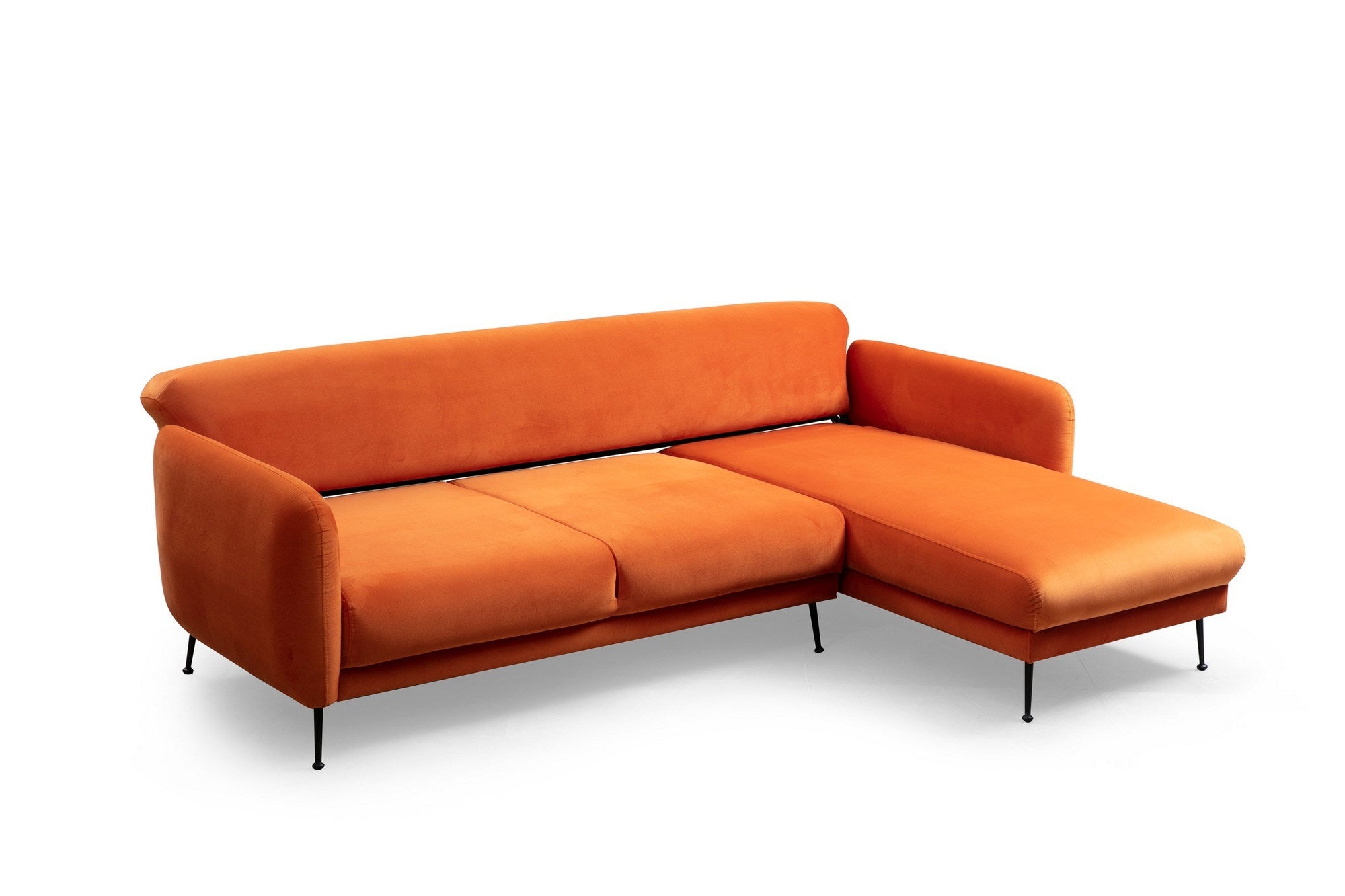 Sofá-cama de canto elegante, laranja, 270 x 170 cm | Estrutura em madeira de faia e aglomerado, 100% poliéster, sistema de sofá-cama, pernas de metal preto fosco | Perfeito para espaços modernos