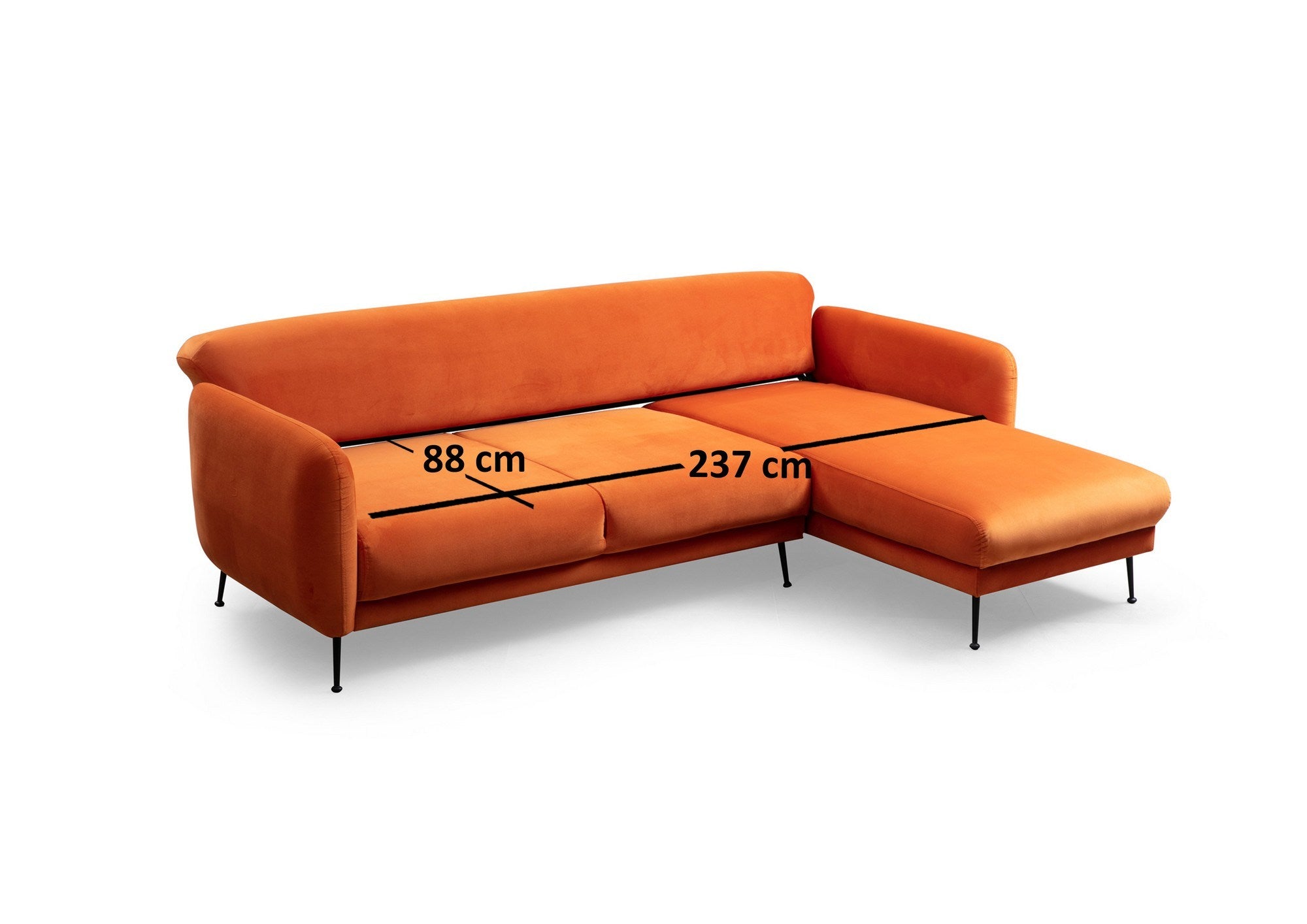 Sofá-cama de canto elegante, laranja, 270 x 170 cm | Estrutura em madeira de faia e aglomerado, 100% poliéster, sistema de sofá-cama, pernas de metal preto fosco | Perfeito para espaços modernos