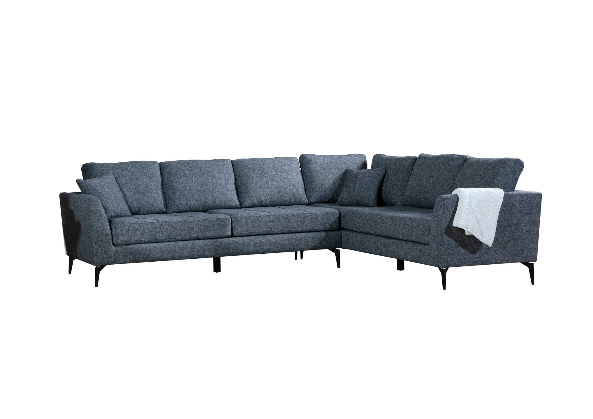 Sofá de canto elegante, cinza escuro, 300 cm | Estrutura em madeira de faia e aglomerado, tecido 100% poliéster | Inclui 2 almofadas, pernas de metal preto fosco | Design industrial moderno