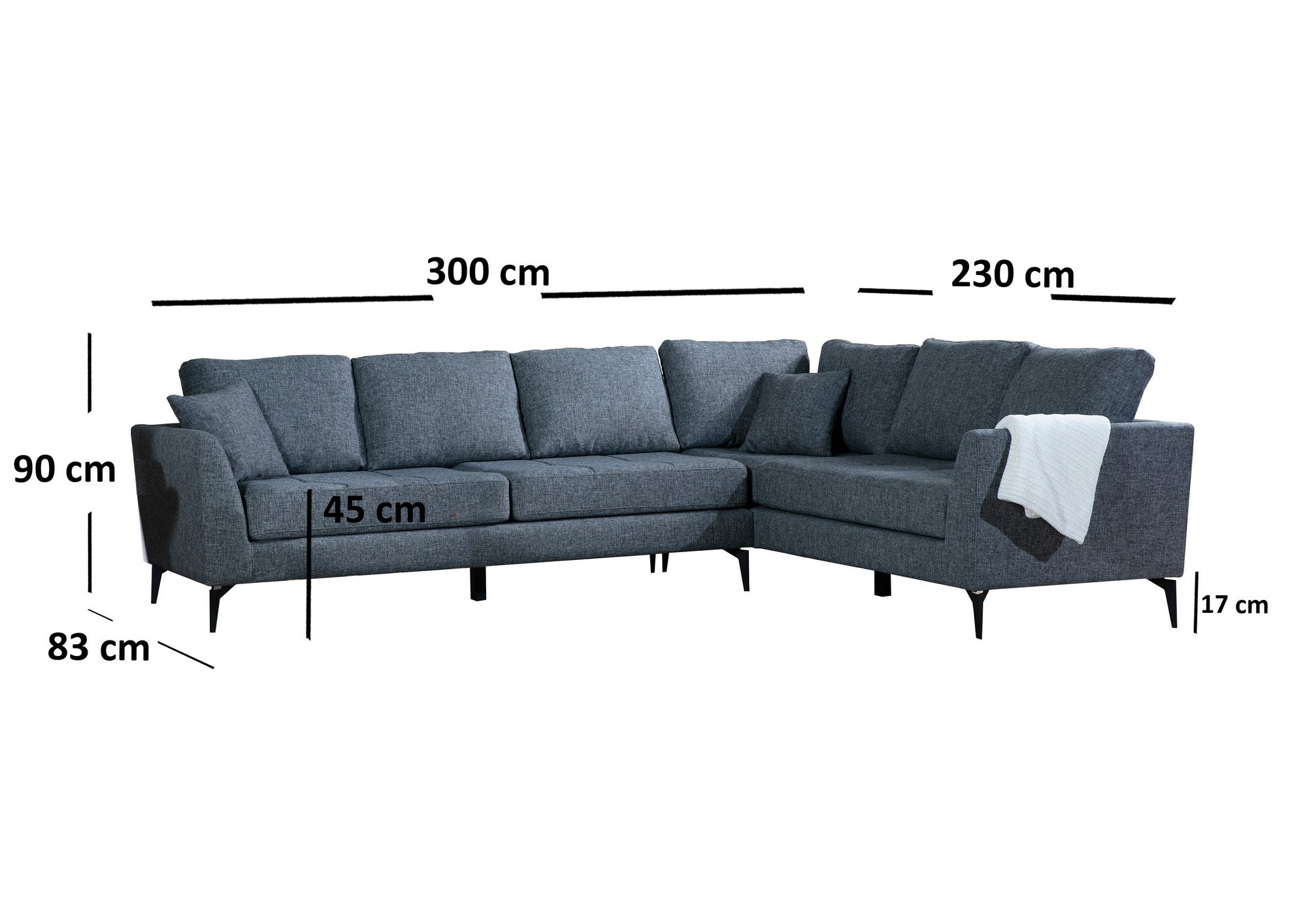 Sofá de canto elegante, cinza escuro, 300 cm | Estrutura em madeira de faia e aglomerado, tecido 100% poliéster | Inclui 2 almofadas, pernas de metal preto fosco | Design industrial moderno