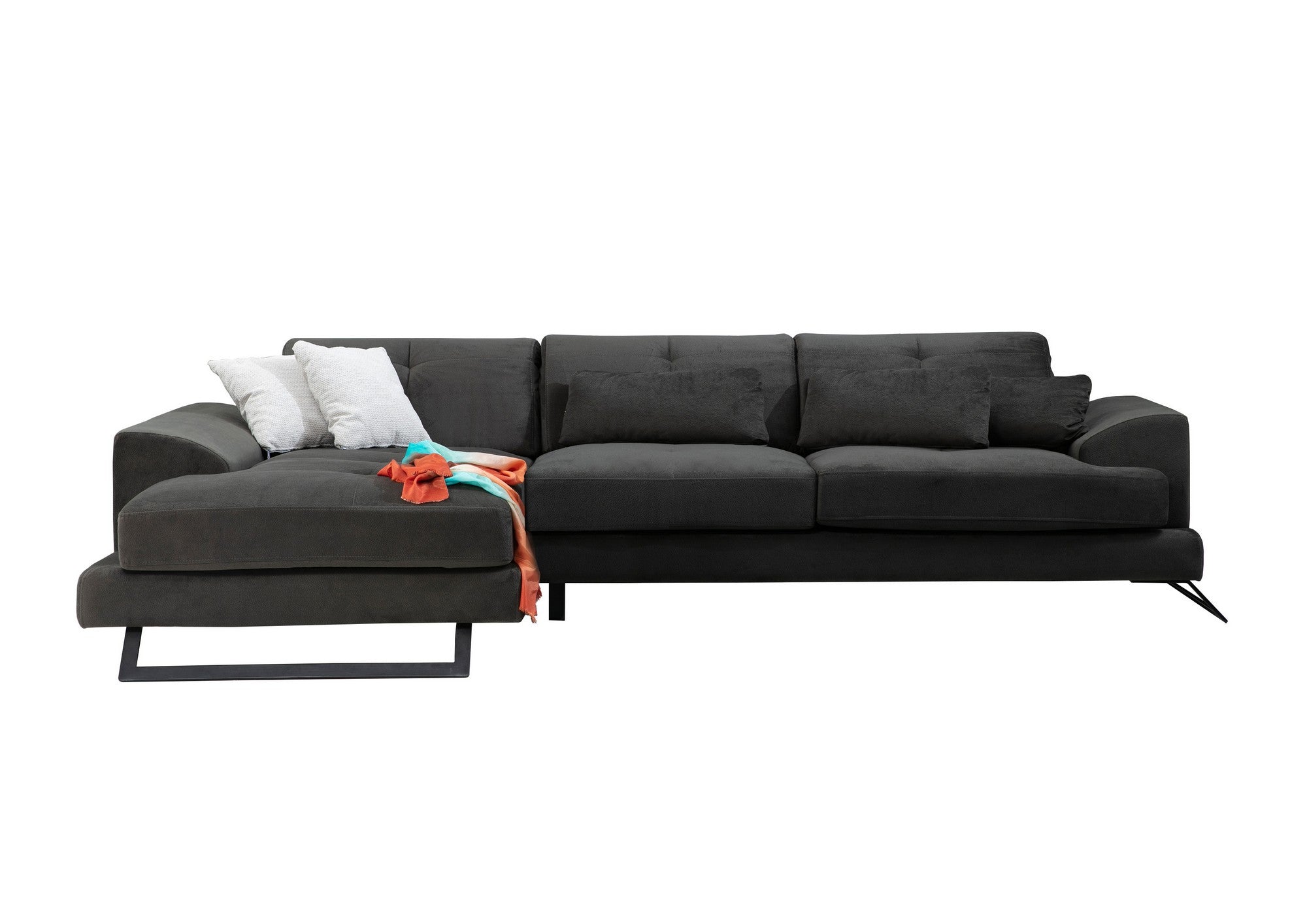 Sofá de canto elegante, cinza antracite, 304 x 190 x 92 cm | Estrutura em madeira de faia e aglomerado, encosto ajustável, almofadas de espuma macia | Design industrial moderno