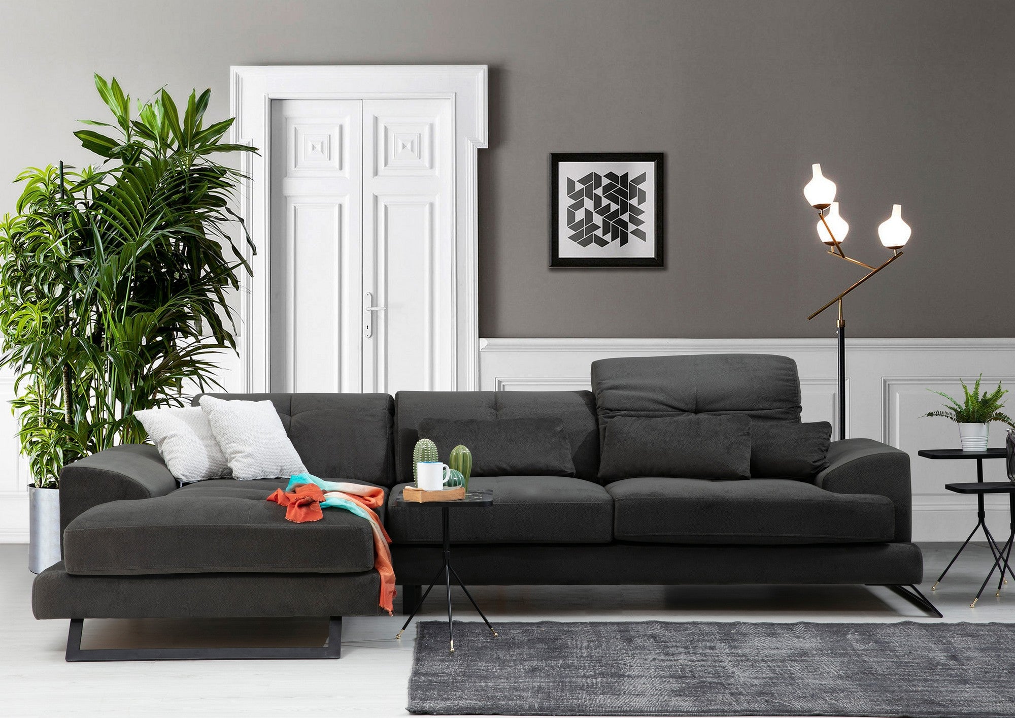 Sofá de canto elegante, cinza antracite, 304 x 190 x 92 cm | Estrutura em madeira de faia e aglomerado, encosto ajustável, almofadas de espuma macia | Design industrial moderno