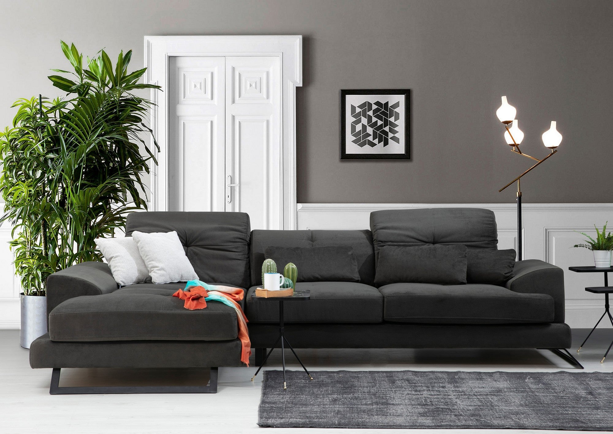 Sofá de canto elegante, cinza antracite, 304 x 190 x 92 cm | Estrutura em madeira de faia e aglomerado, encosto ajustável, almofadas de espuma macia | Design industrial moderno