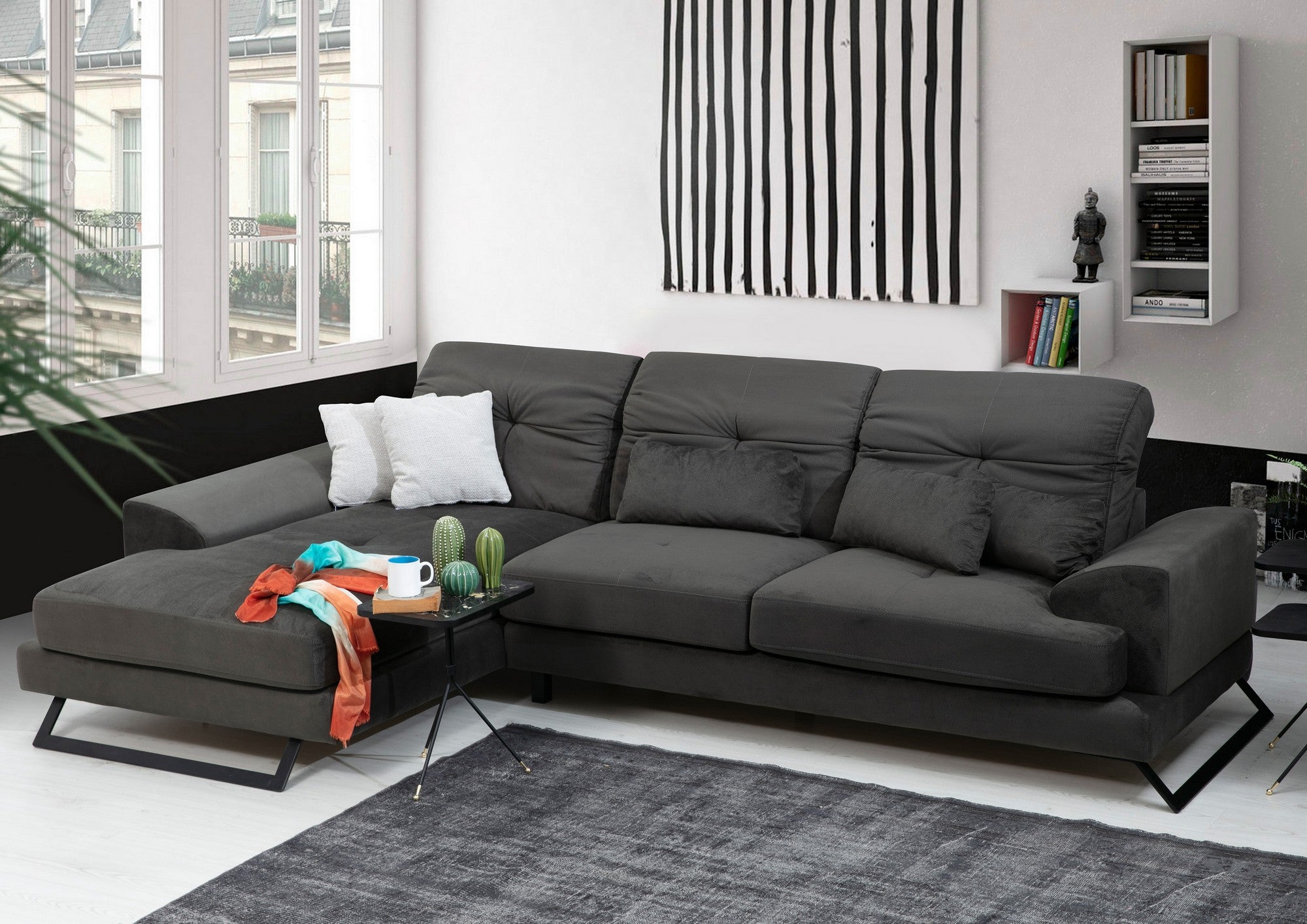 Sofá de canto elegante, cinza antracite, 304 x 190 x 92 cm | Estrutura em madeira de faia e aglomerado, encosto ajustável, almofadas de espuma macia | Design industrial moderno