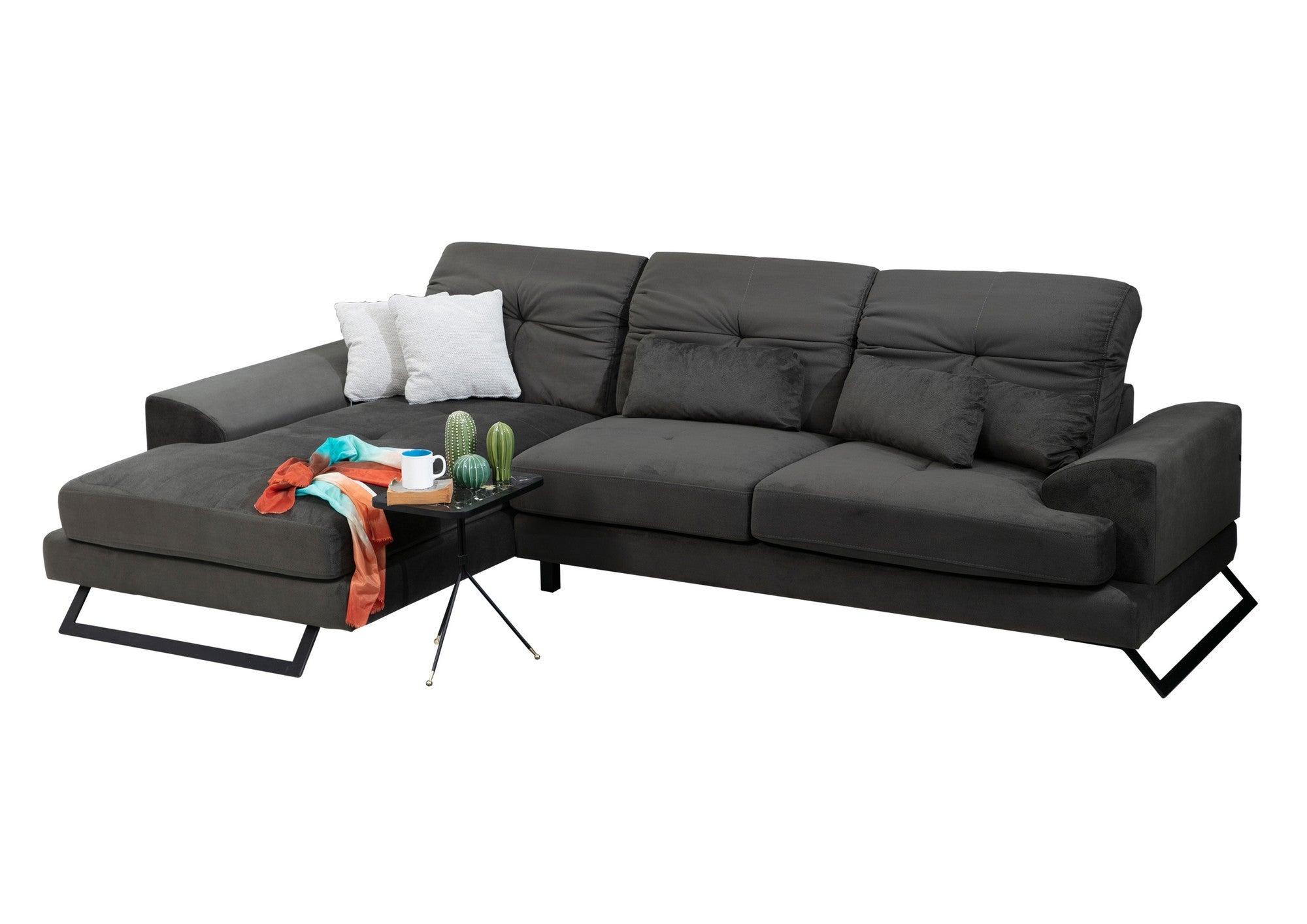 Sofá de canto elegante, cinza antracite, 304 x 190 x 92 cm | Estrutura em madeira de faia e aglomerado, encosto ajustável, almofadas de espuma macia | Design industrial moderno