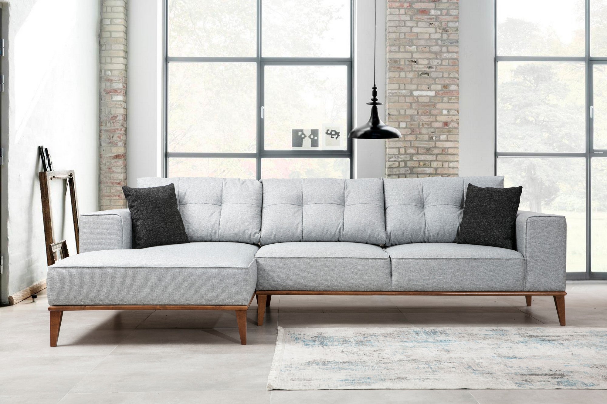 Sofá-cama de canto elegante, cinza claro, 288 x 160 cm | Estrutura em madeira de faia e aglomerado, 100% poliéster, pernas em nogueira | Confortável e versátil para espaços modernos