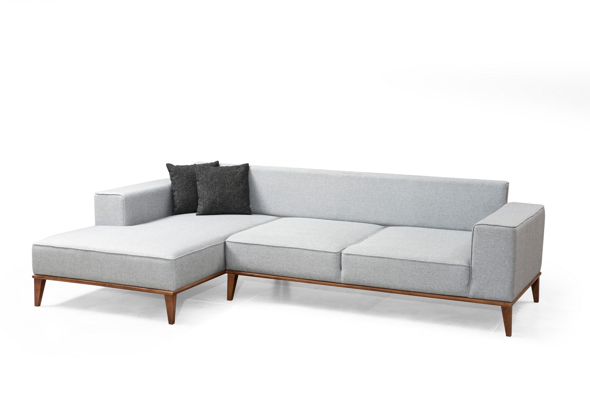Sofá-cama de canto elegante, cinza claro, 288 x 160 cm | Estrutura em madeira de faia e aglomerado, 100% poliéster, pernas em nogueira | Confortável e versátil para espaços modernos
