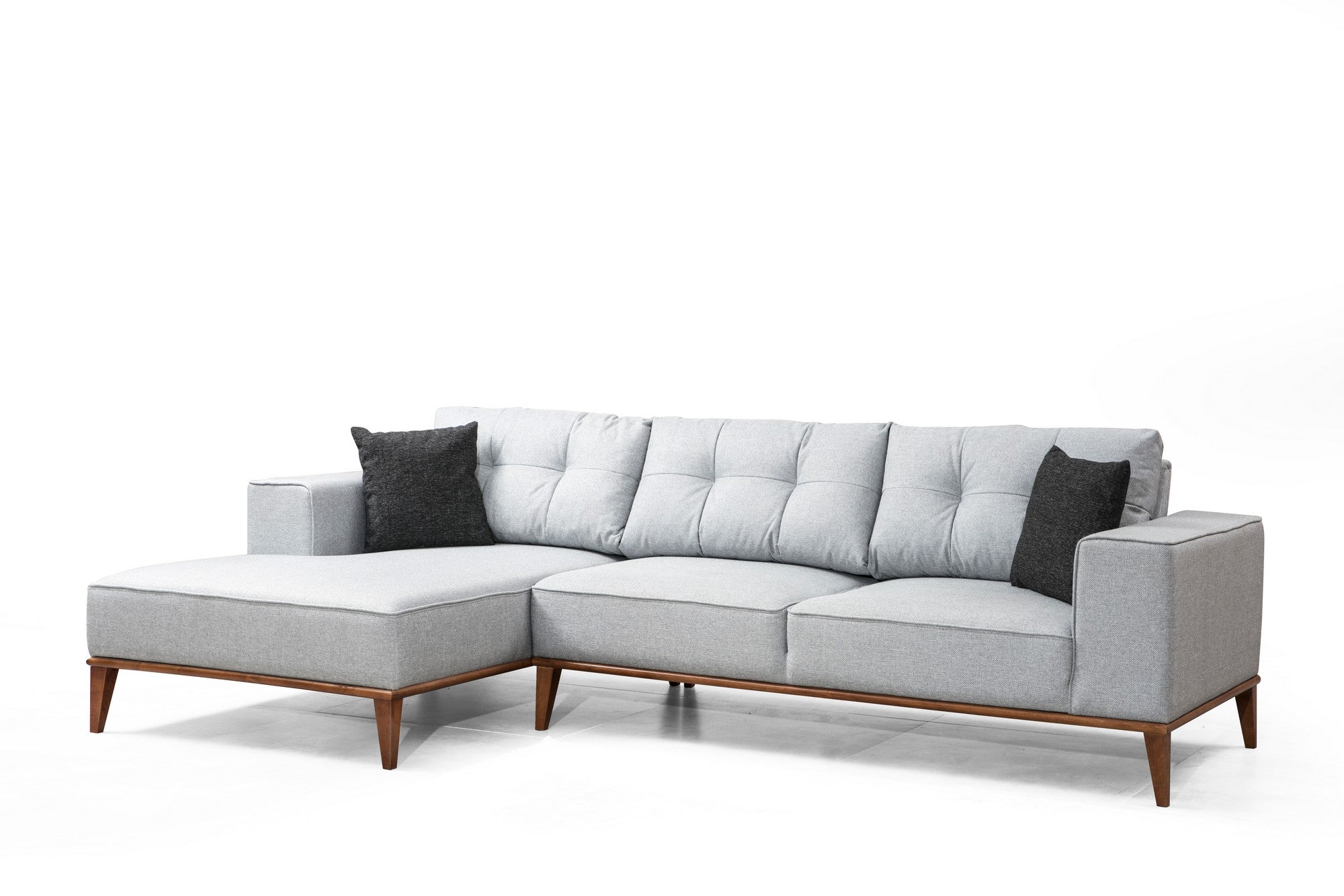 Sofá-cama de canto elegante, cinza claro, 288 x 160 cm | Estrutura em madeira de faia e aglomerado, 100% poliéster, pernas em nogueira | Confortável e versátil para espaços modernos