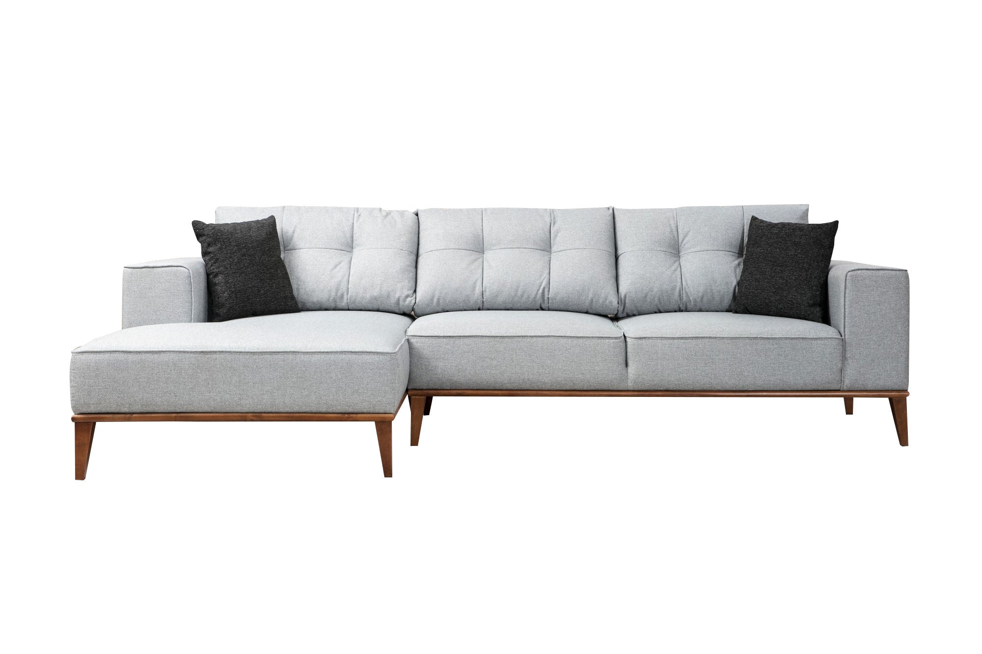 Sofá-cama de canto elegante, cinza claro, 288 x 160 cm | Estrutura em madeira de faia e aglomerado, 100% poliéster, pernas em nogueira | Confortável e versátil para espaços modernos