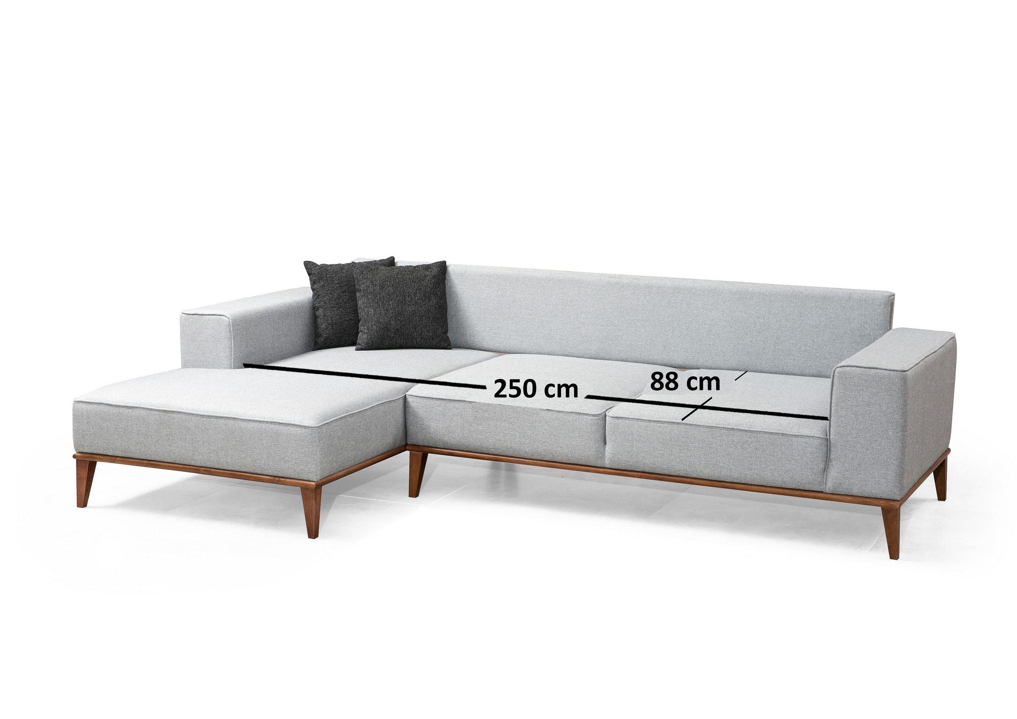 Sofá-cama de canto elegante, cinza claro, 288 x 160 cm | Estrutura em madeira de faia e aglomerado, 100% poliéster, pernas em nogueira | Confortável e versátil para espaços modernos